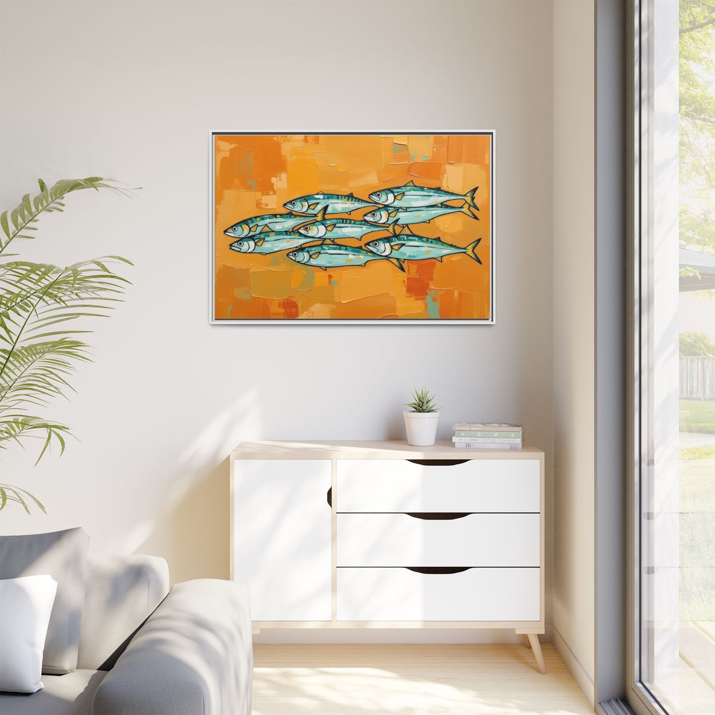Framed Matte Canvas Print — School of Blue Fish on Orange Abstract Background