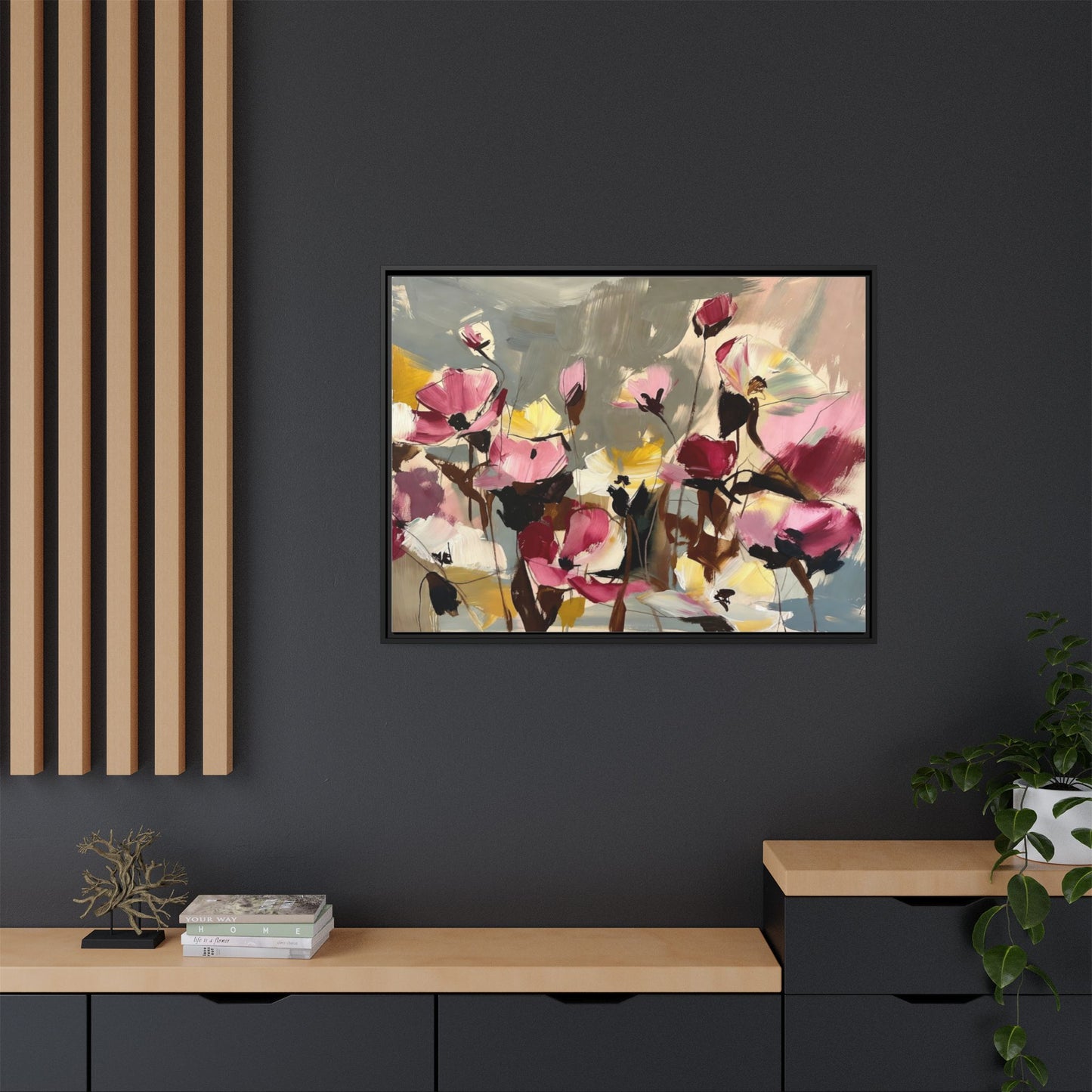 Framed Floral Canvas Wall Art — Abstract Pink & Yellow Flowers