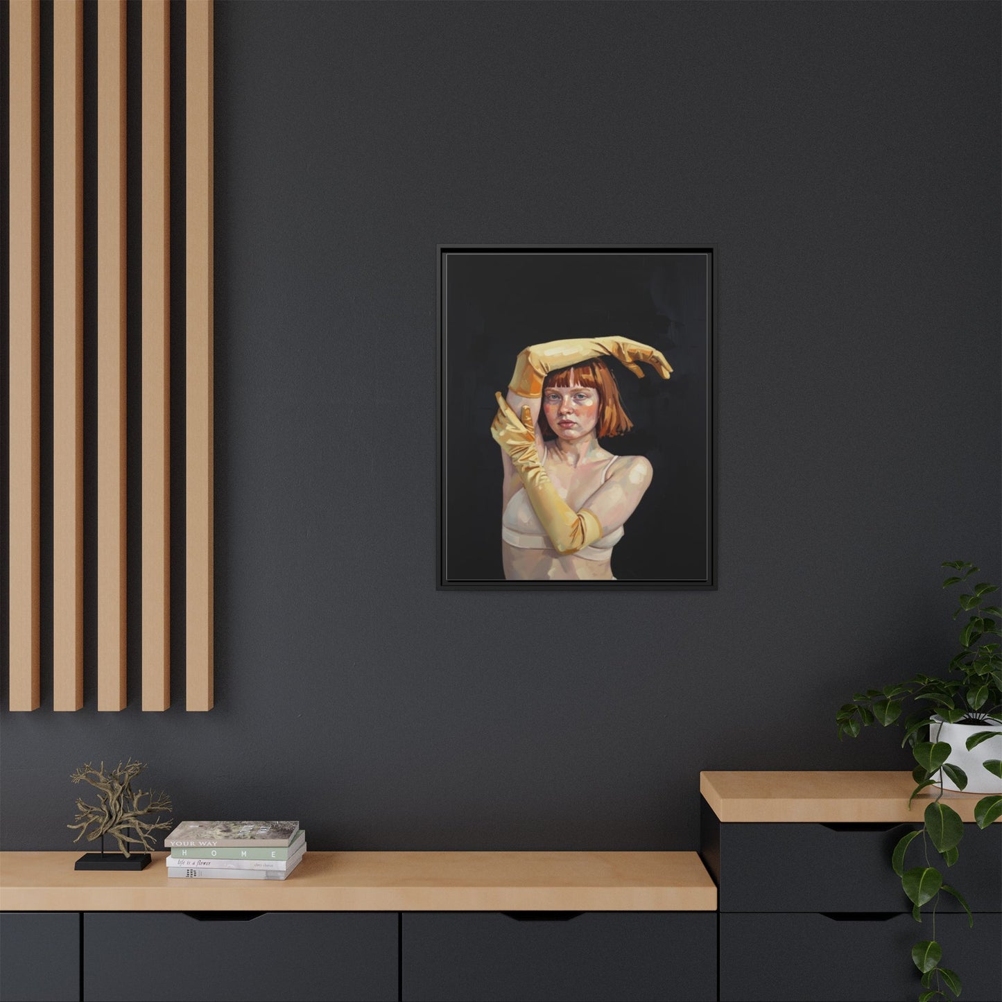 Framed Matte Canvas Art – Portrait of Woman in Yellow Gloves