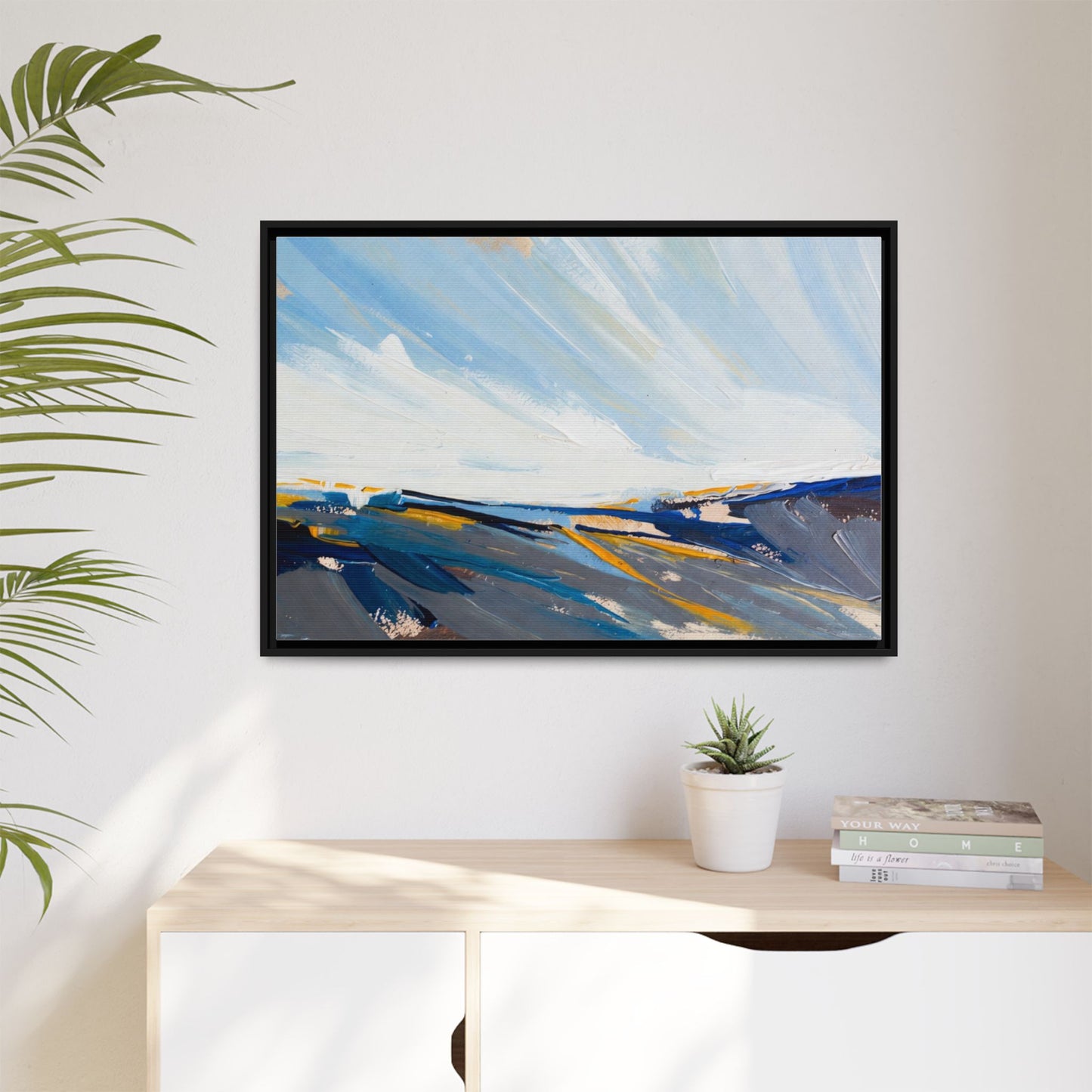 Framed Abstract Seascape Canvas Print — Matte Multi‑Color Wall Art