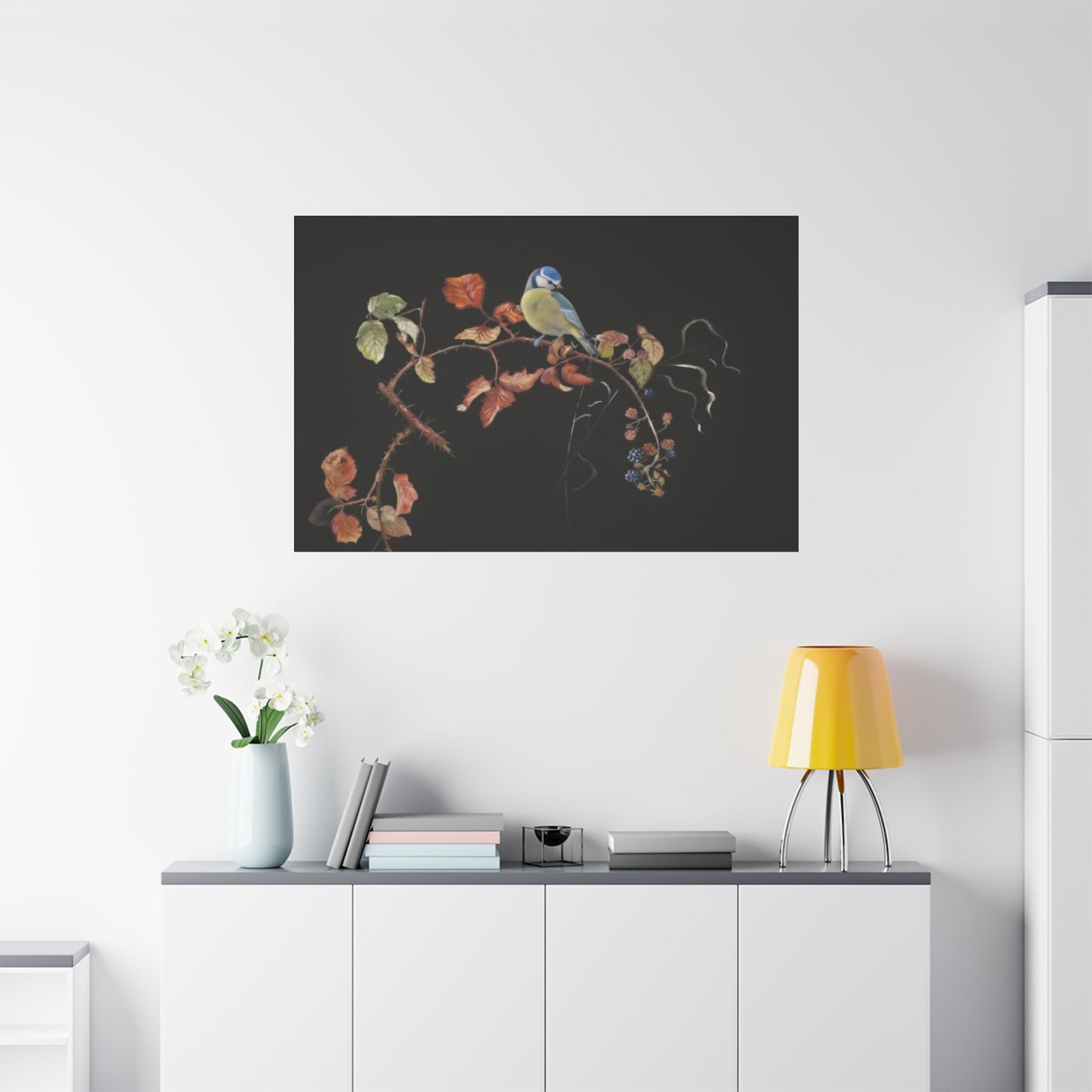 Canvas Wall Art - Blue Tit on Autumn Branch, Stretched Matte Canvas