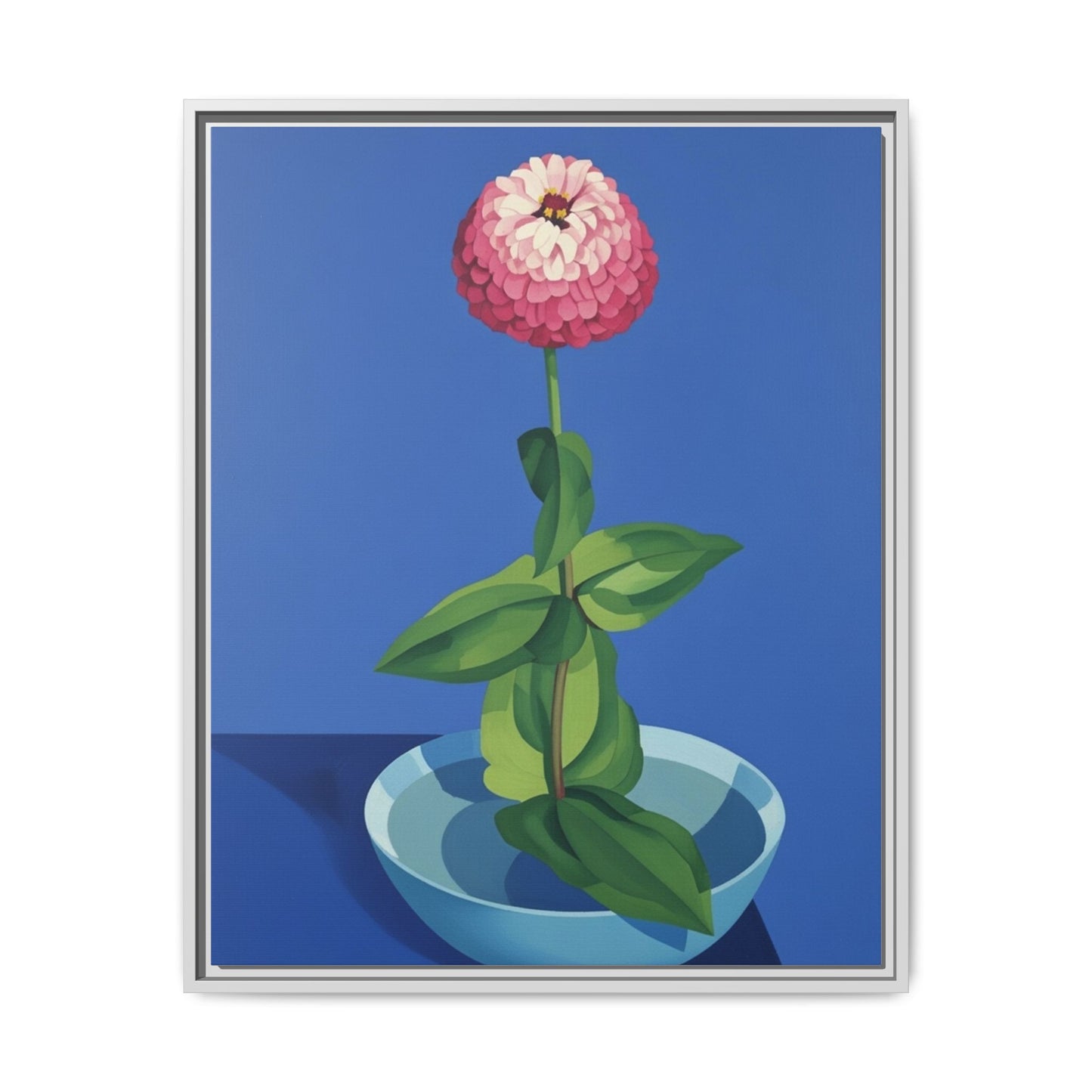Framed Matte Canvas Art — Pink Zinnia in Blue Bowl (Botanical Still Life)