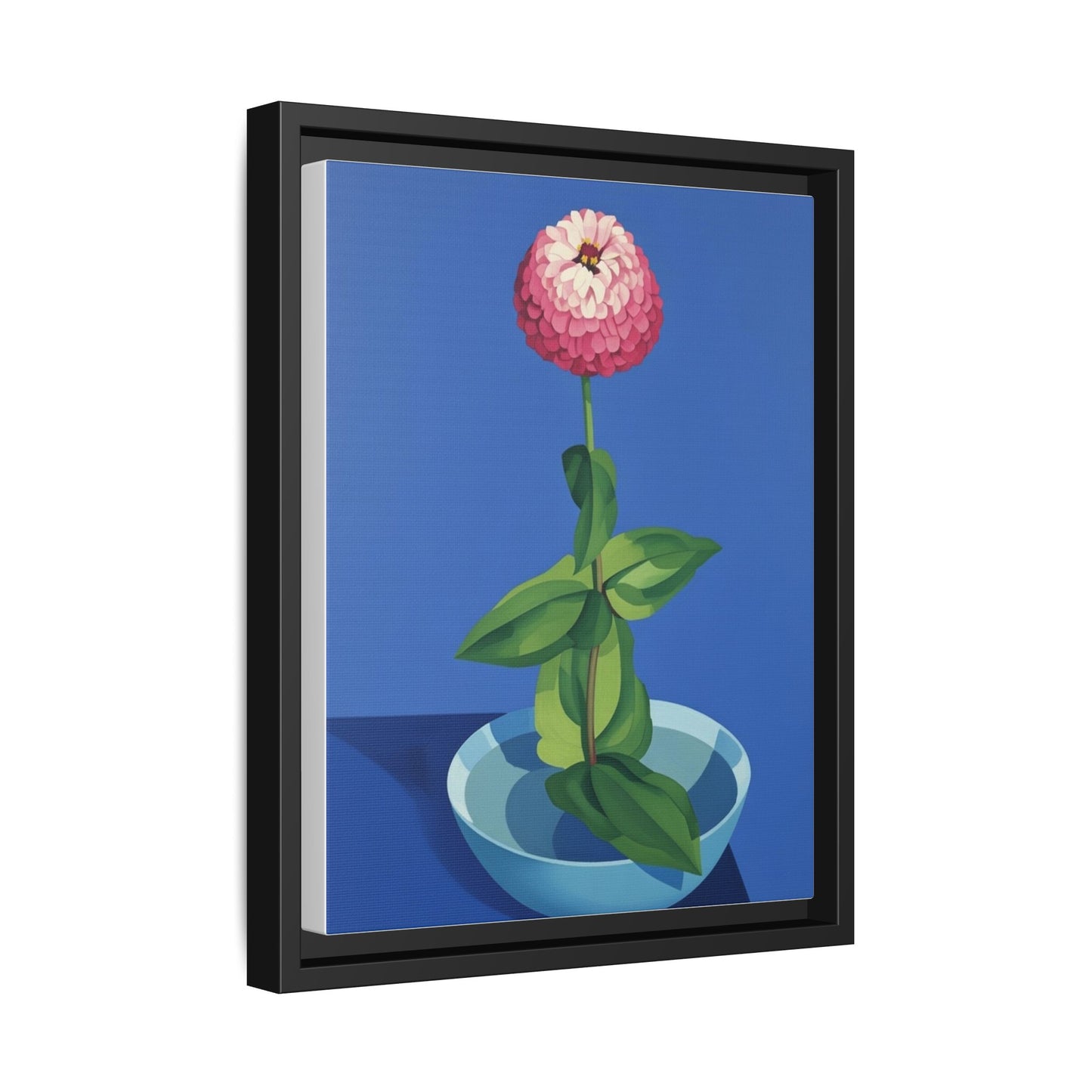 Framed Matte Canvas Art — Pink Zinnia in Blue Bowl (Botanical Still Life)