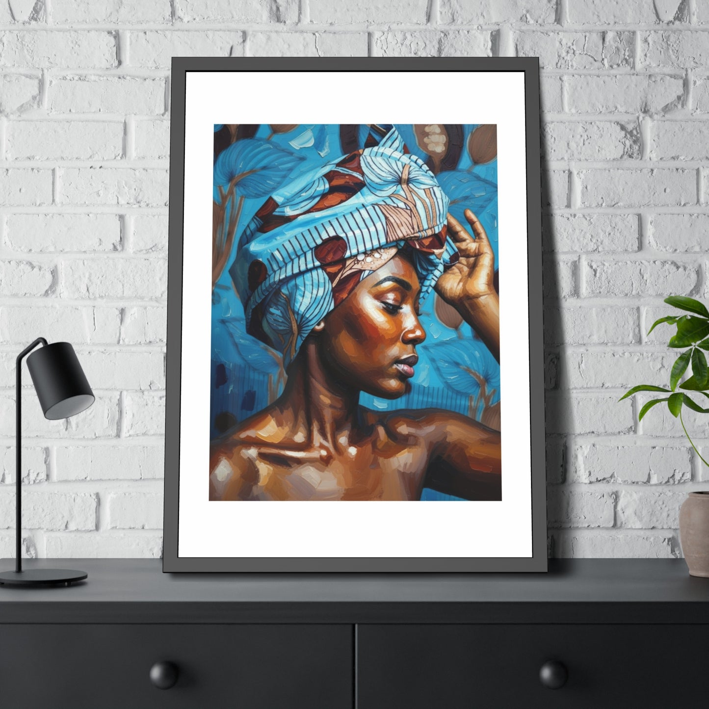 Framed Art Print — Portrait of Woman with Blue Headwrap (Gallery Wall Decor)