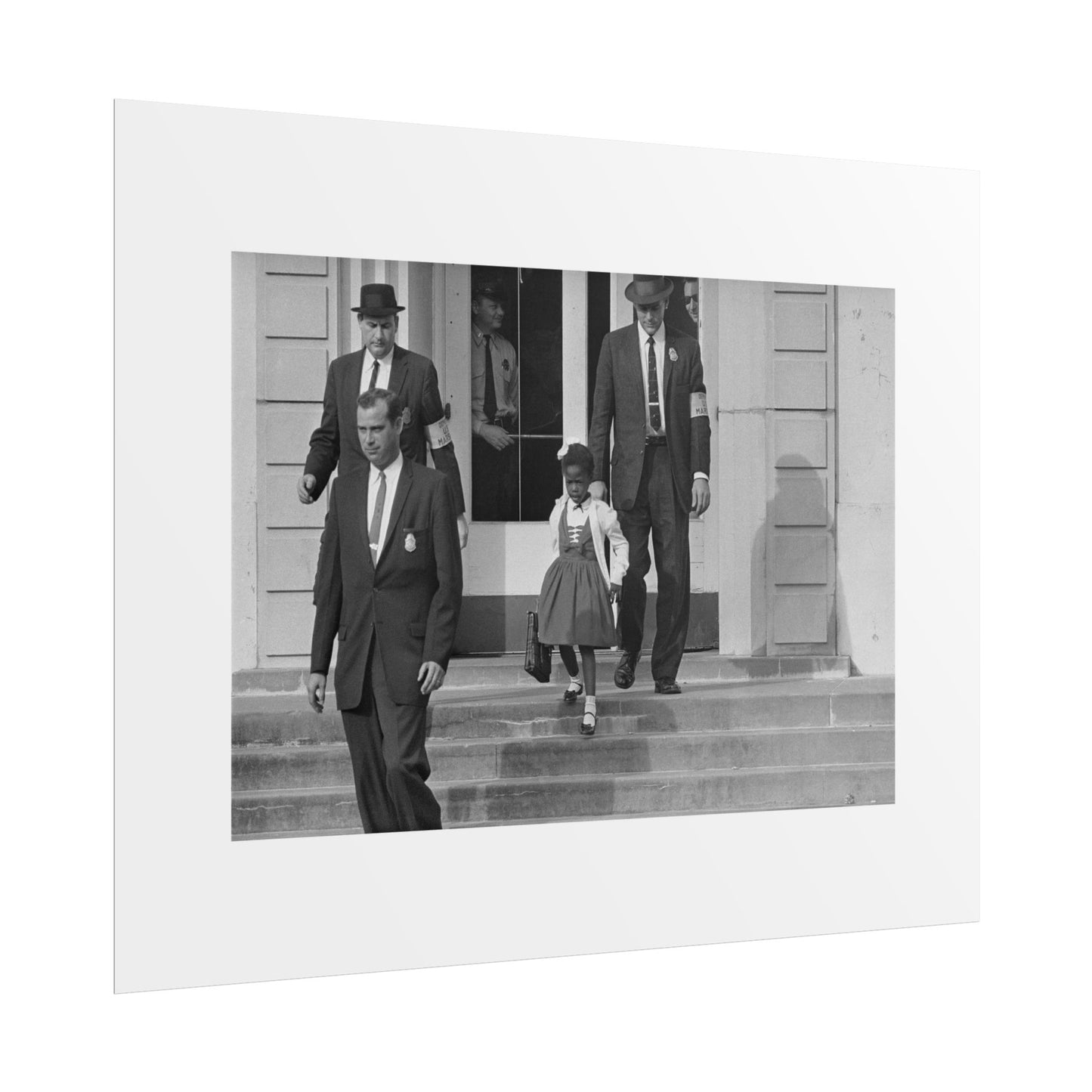 US Marshals with Young Ruby Bridges on School Steps by Unknown  Black & White Civil Rights Photograph Wall Art Print