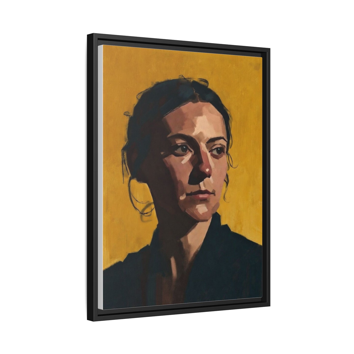 Framed Matte Canvas Portrait Art — Moody Woman on Mustard Background