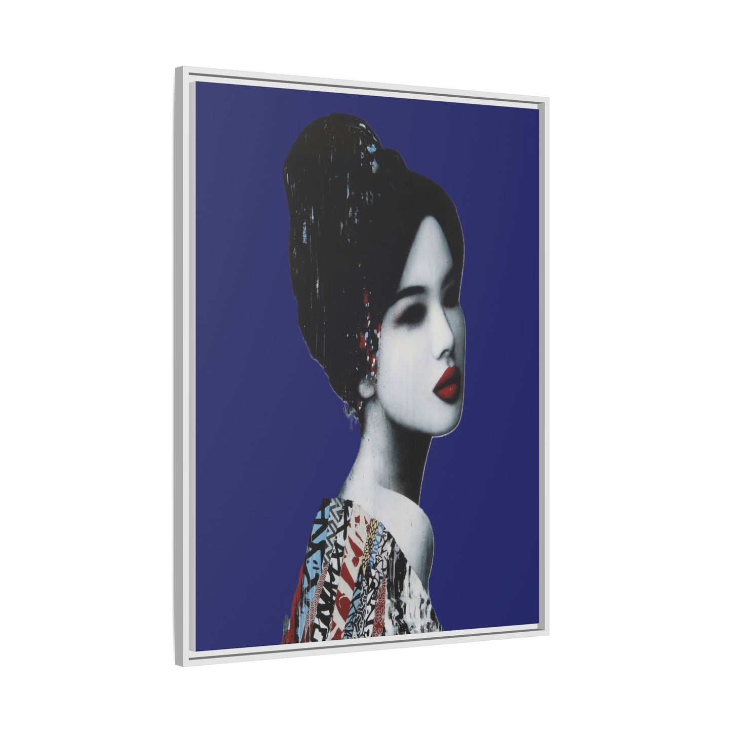 Framed Matte Canvas Art — Elegant Geisha Portrait on Deep Blue