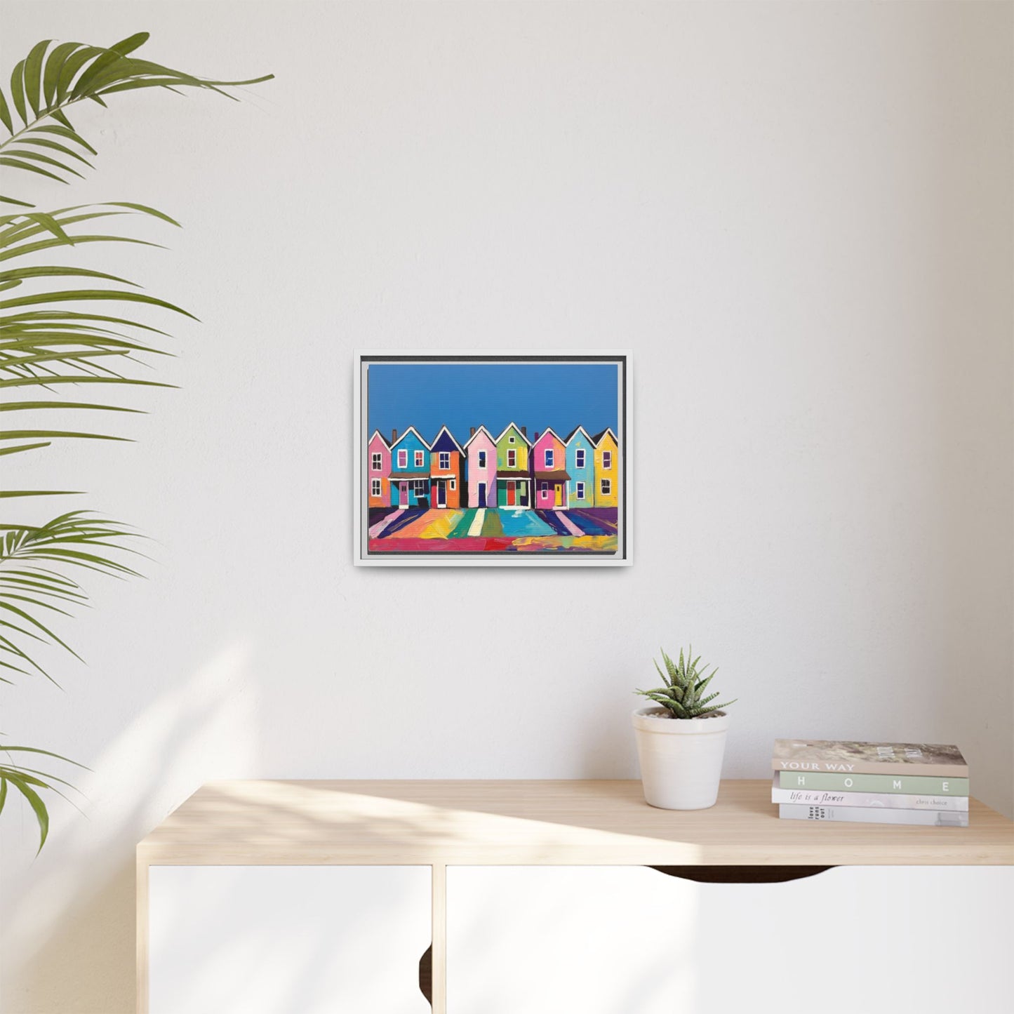 Colorful Beach Houses Matte Canvas Framed Wall Art