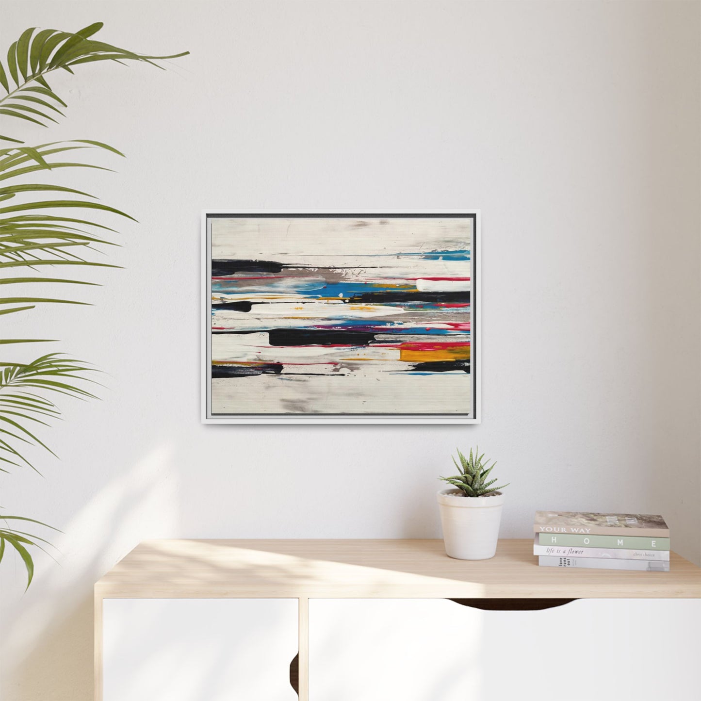 Abstract Multi-Color Framed Canvas Wall Art — Modern Horizontal Brushstroke Print