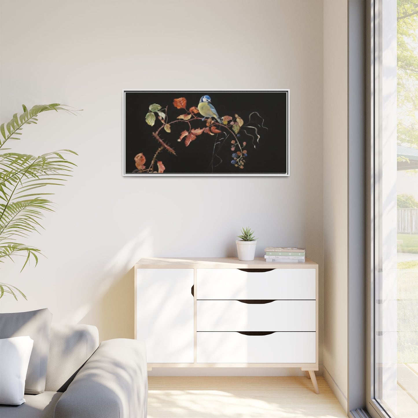 Framed Matte Canvas - Blue Tit on Autumn Branch Wall Art