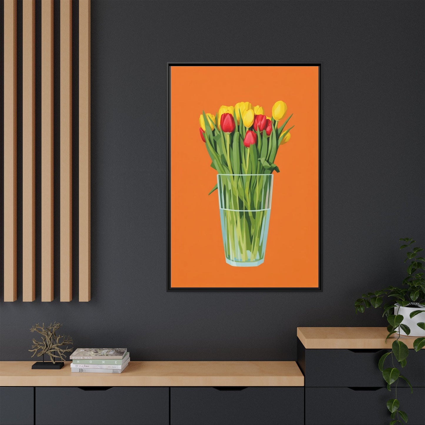 Framed Tulip Canvas Print — Colorful Tulips in Glass Vase