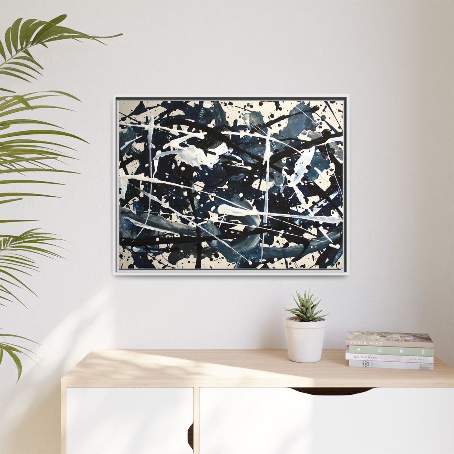 Abstract Splatter Matte Canvas Framed Wall Art — Black & Blue Modern Art Print