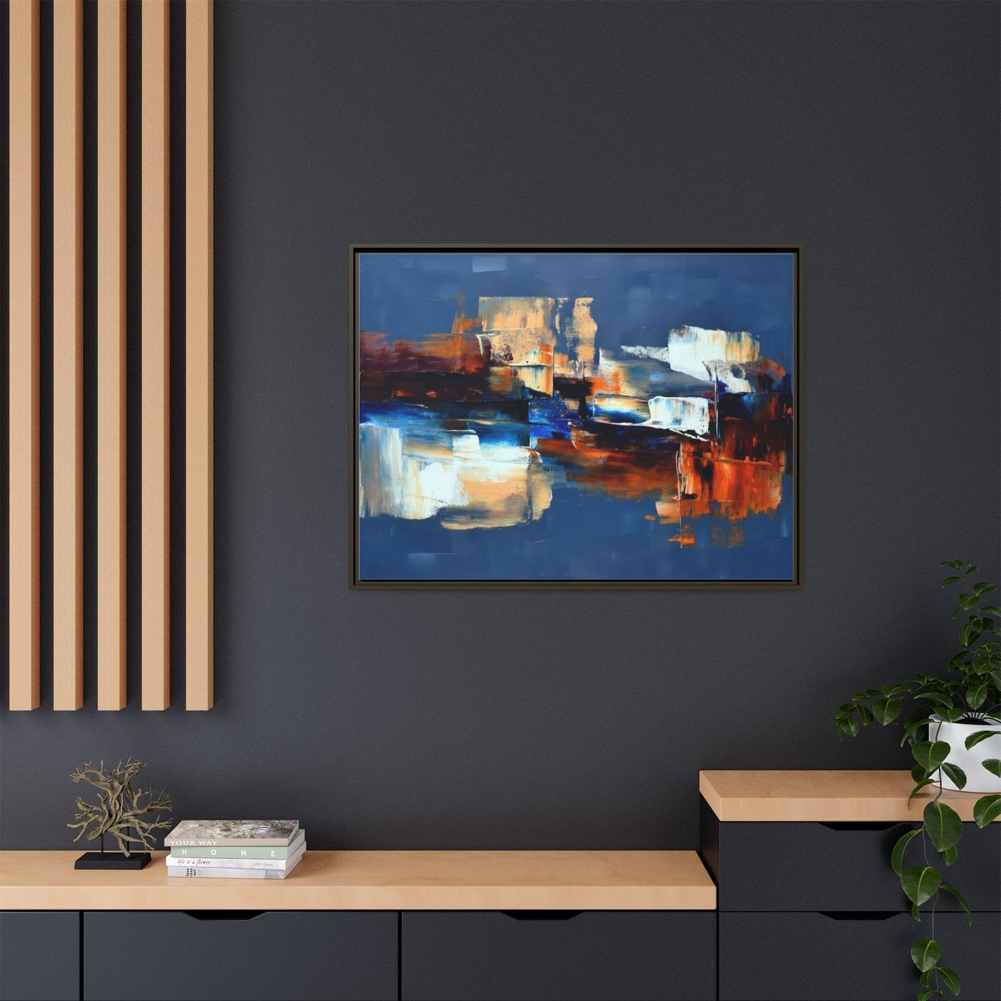 Abstract Blue & Rust Framed Canvas Art — Modern Matte Wall Painting