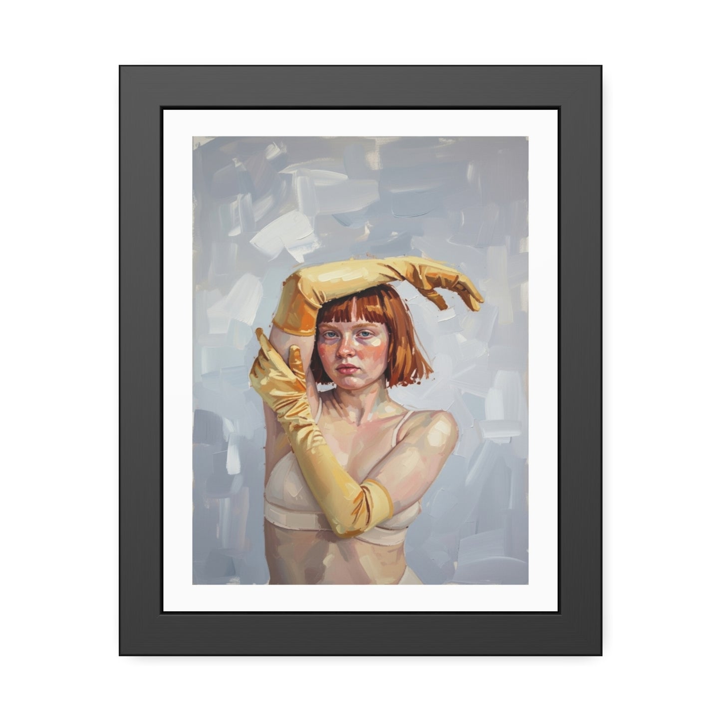 Framed Art Print — Portrait of Woman in Yellow Gloves (Modern Figurative Wall Art)