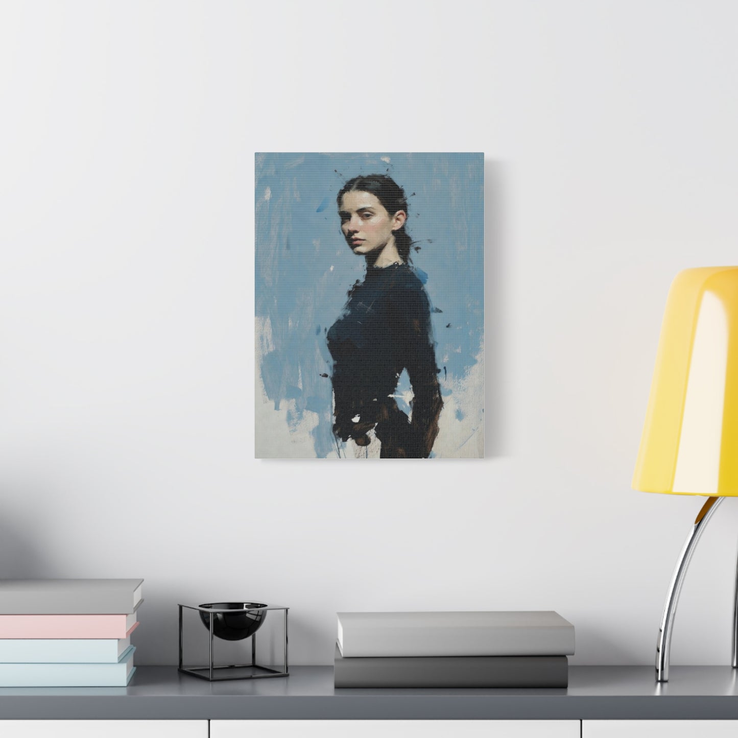 Matte Stretched Canvas Print — Portrait of a Young Woman, Moody Blue Figurative Art
