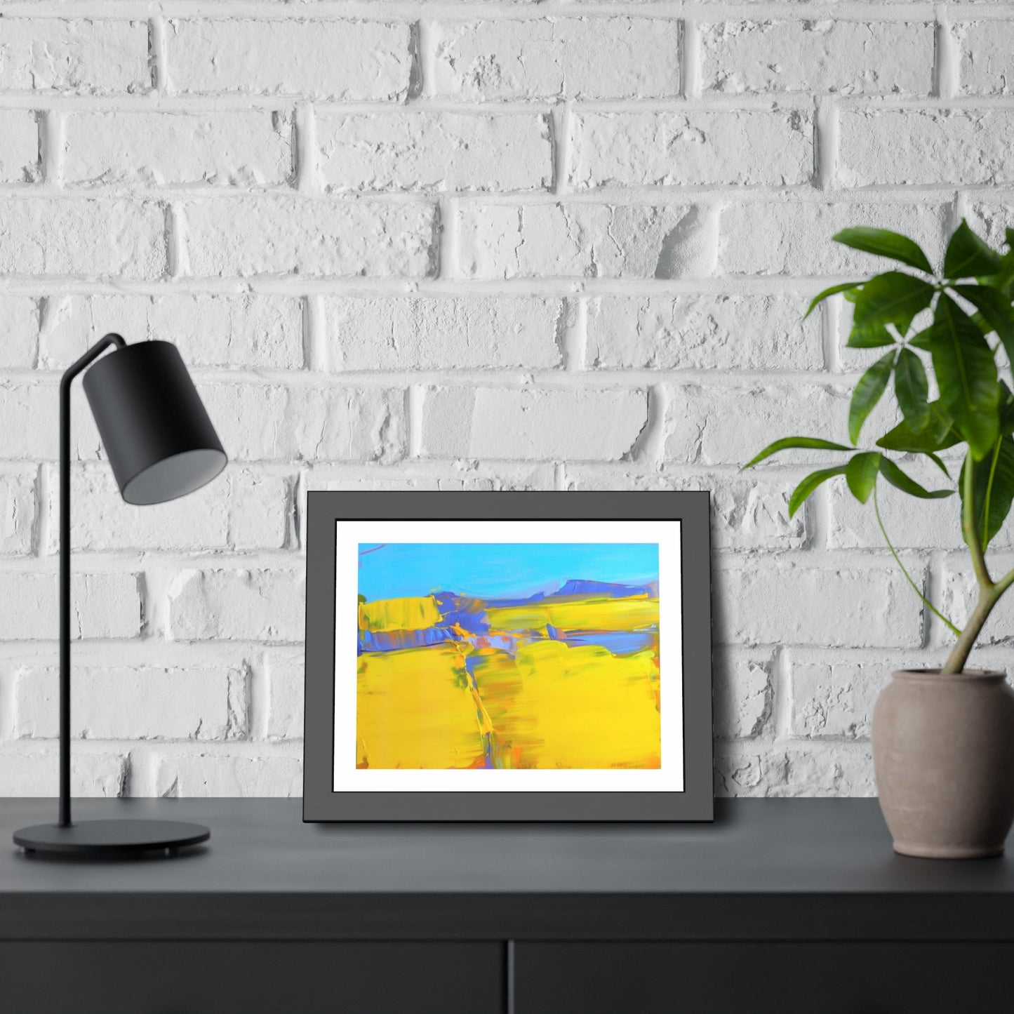 Abstract Sunshine Landscape Framed Poster  Bright Yellow Blue Modern Wall Art