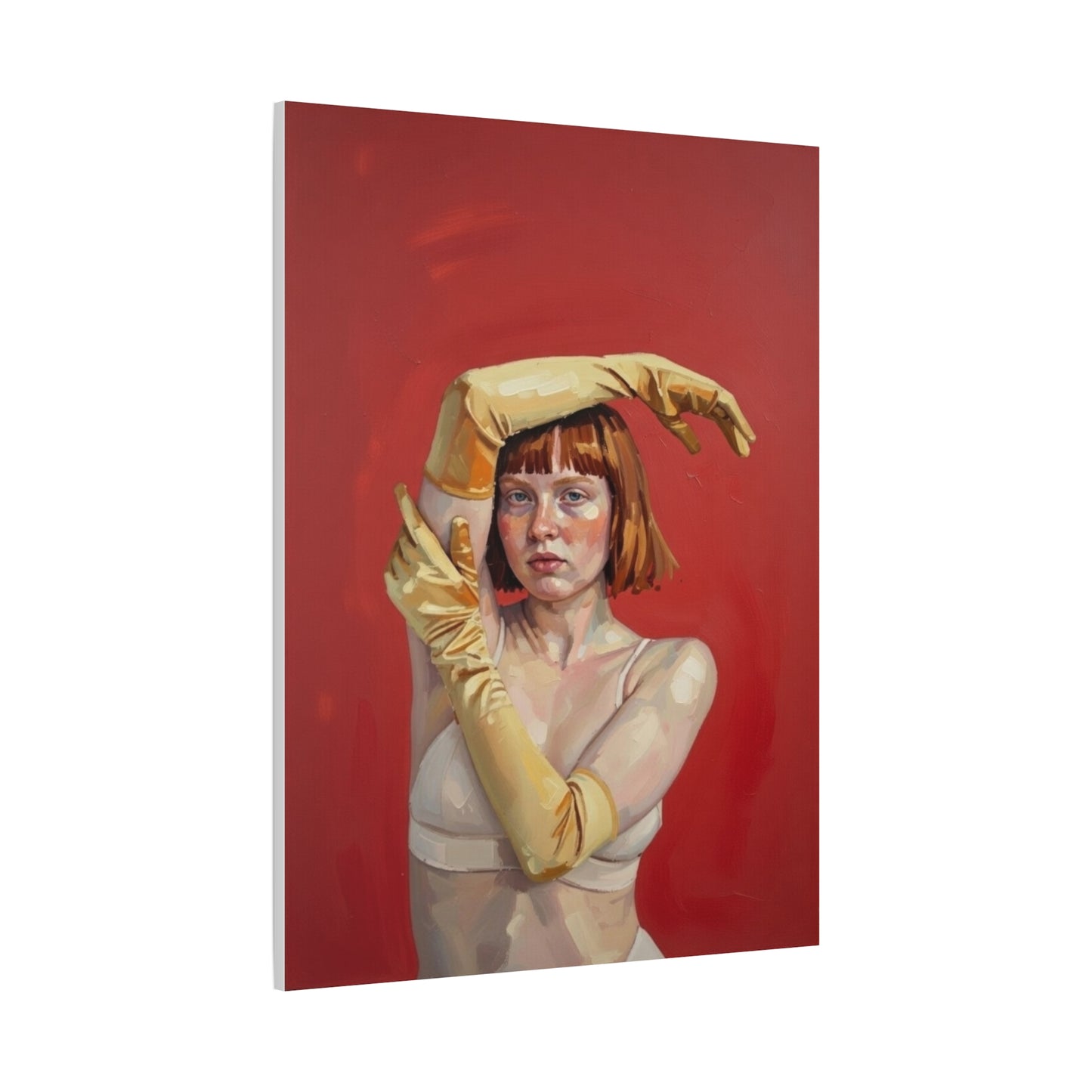 Figurative Portrait Canvas — Woman with Yellow Gloves on Red Background