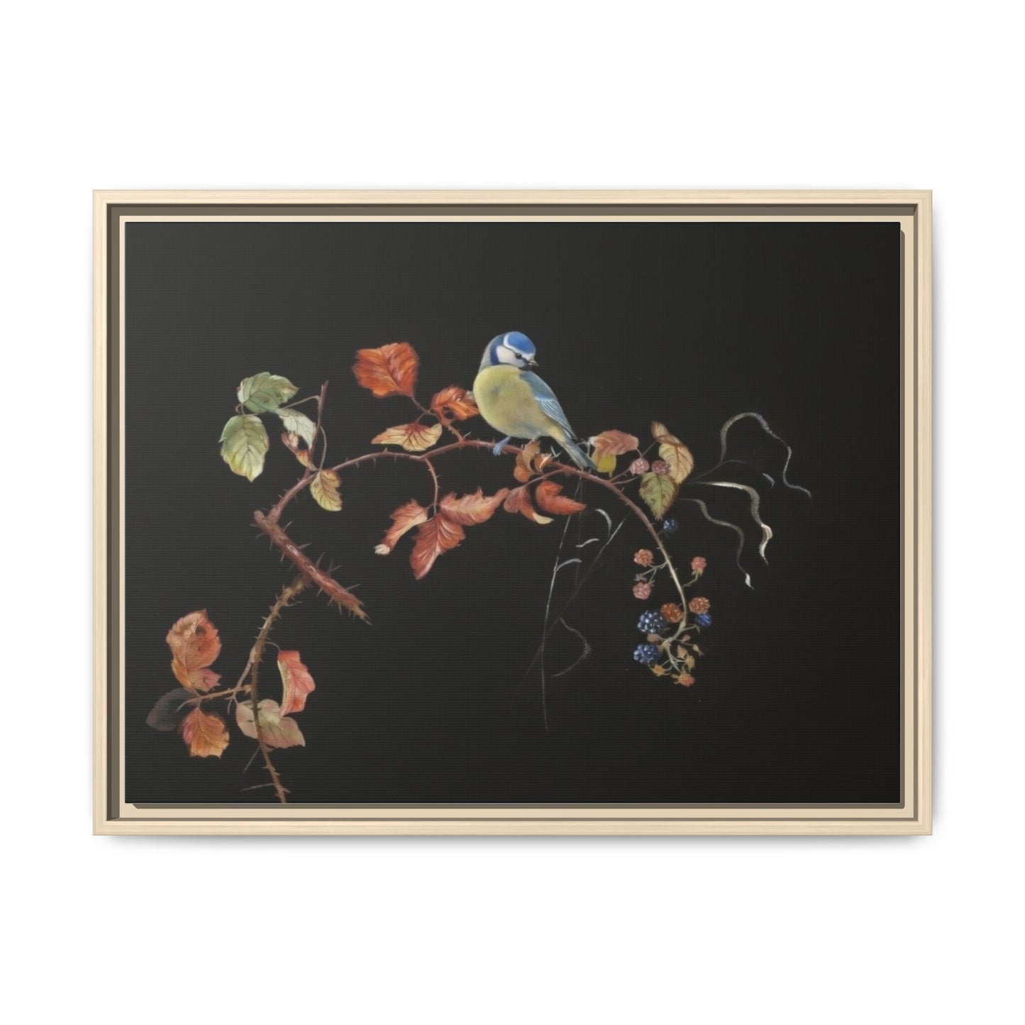 Framed Matte Canvas - Blue Tit on Autumn Branch Wall Art