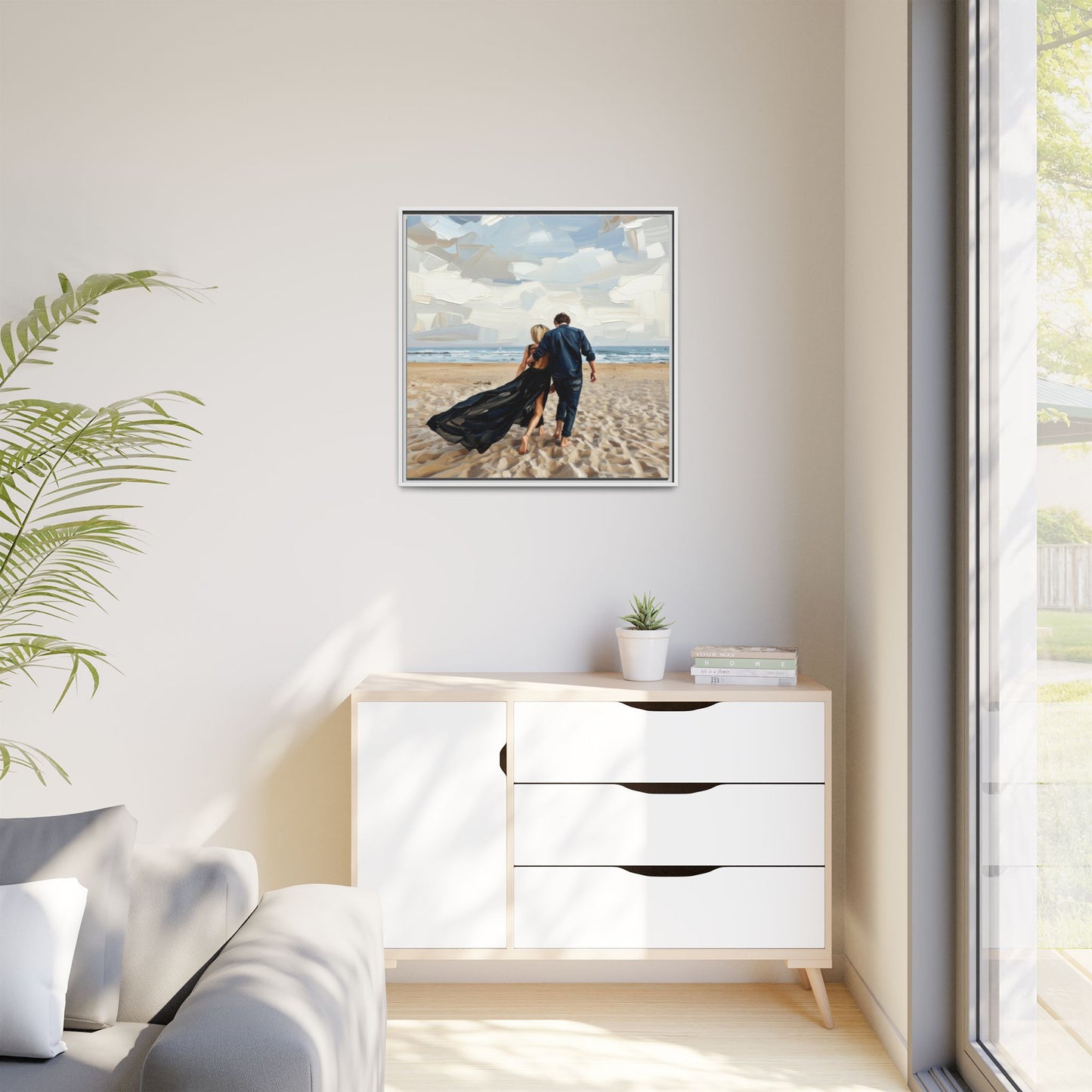 Framed Canvas Wall Art — Romantic Couple Walking on Beach Print