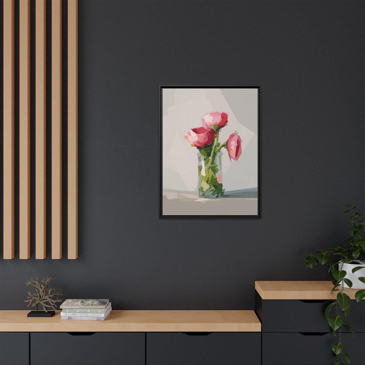 Framed Canvas Art — Pink Roses in Vase, Modern Floral Wall Print