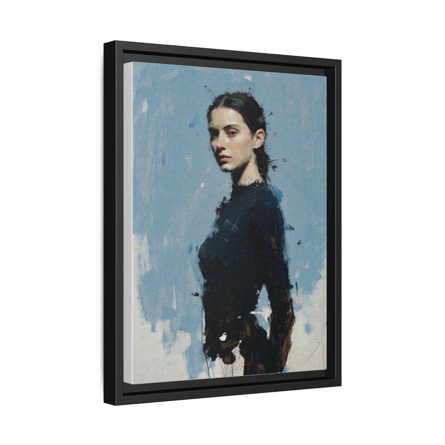 Framed Matte Canvas Portrait Print — Elegant Blue Woman Art