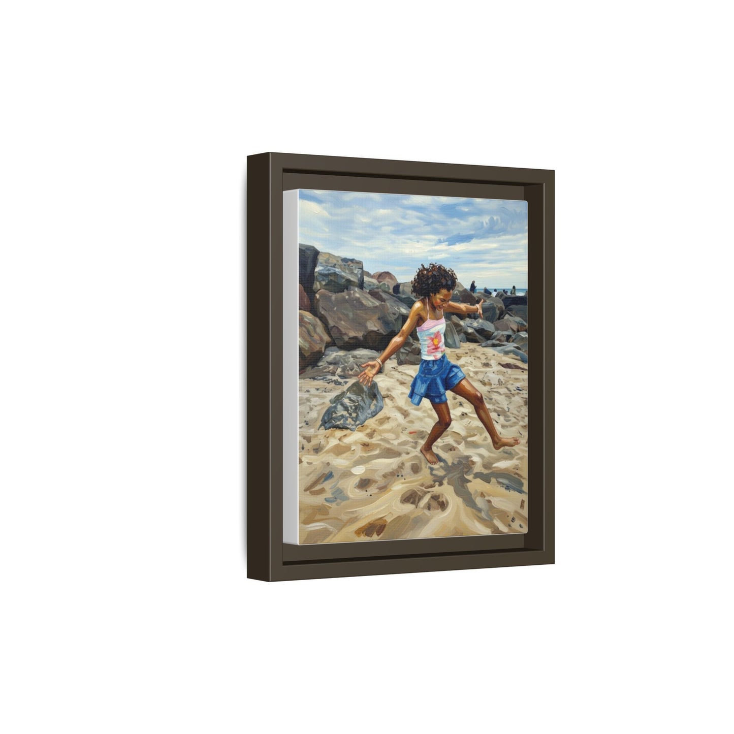 Framed Canvas Art - Girl Dancing on the Beach (Matte Multi-Color)