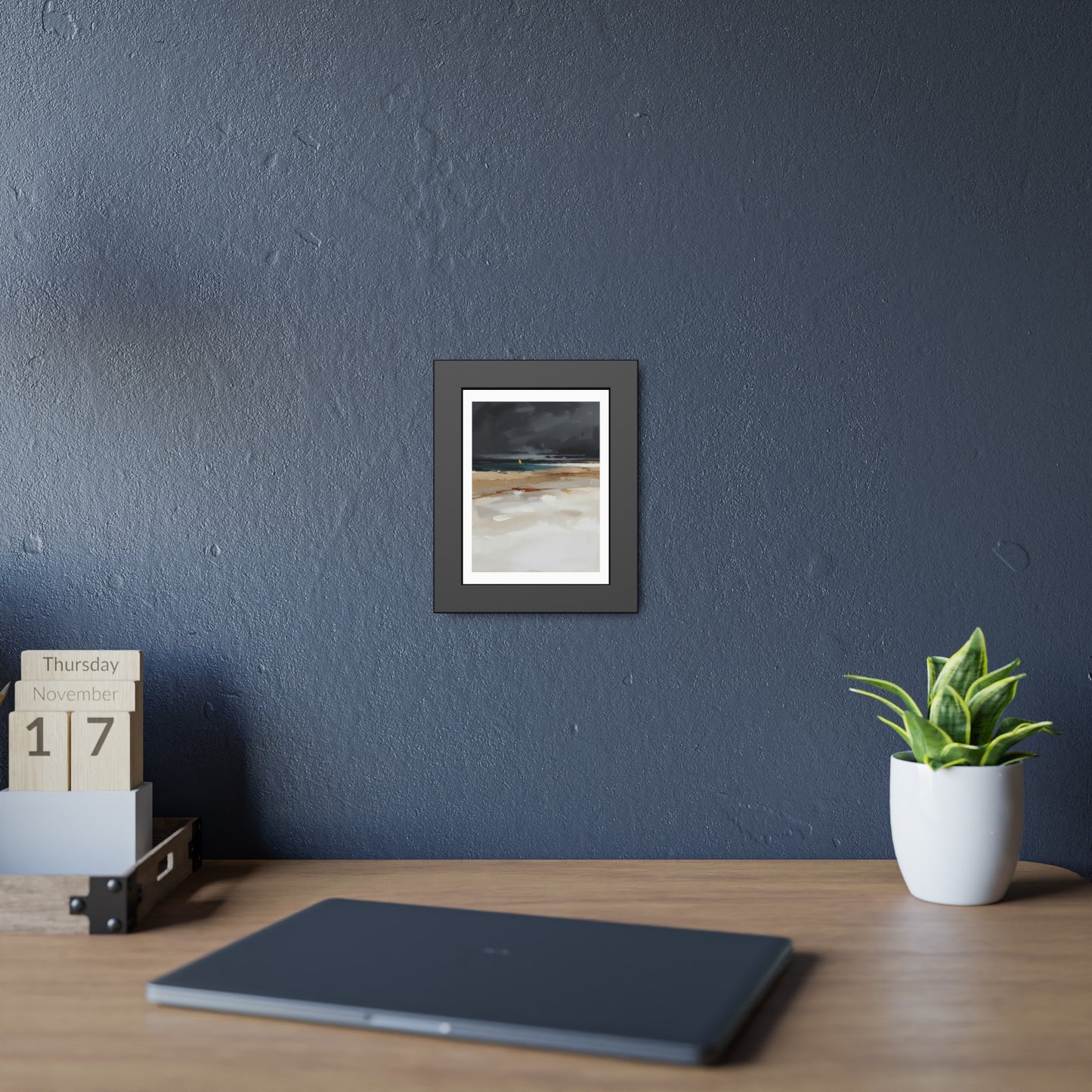 Framed Coastal Beach Print — Moody Seascape Poster in Black Frame