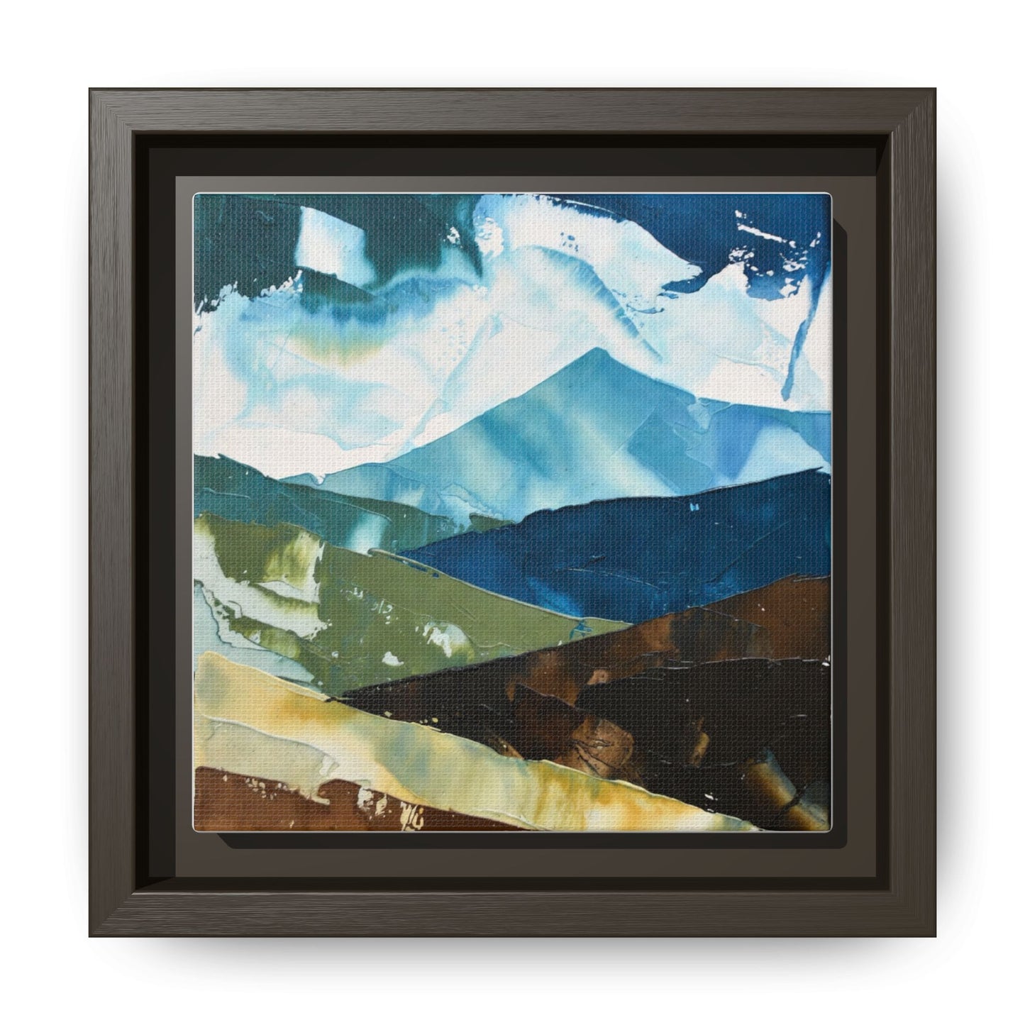 Framed Abstract Mountain Canvas Art — Blue & Earthtone Landscape Print