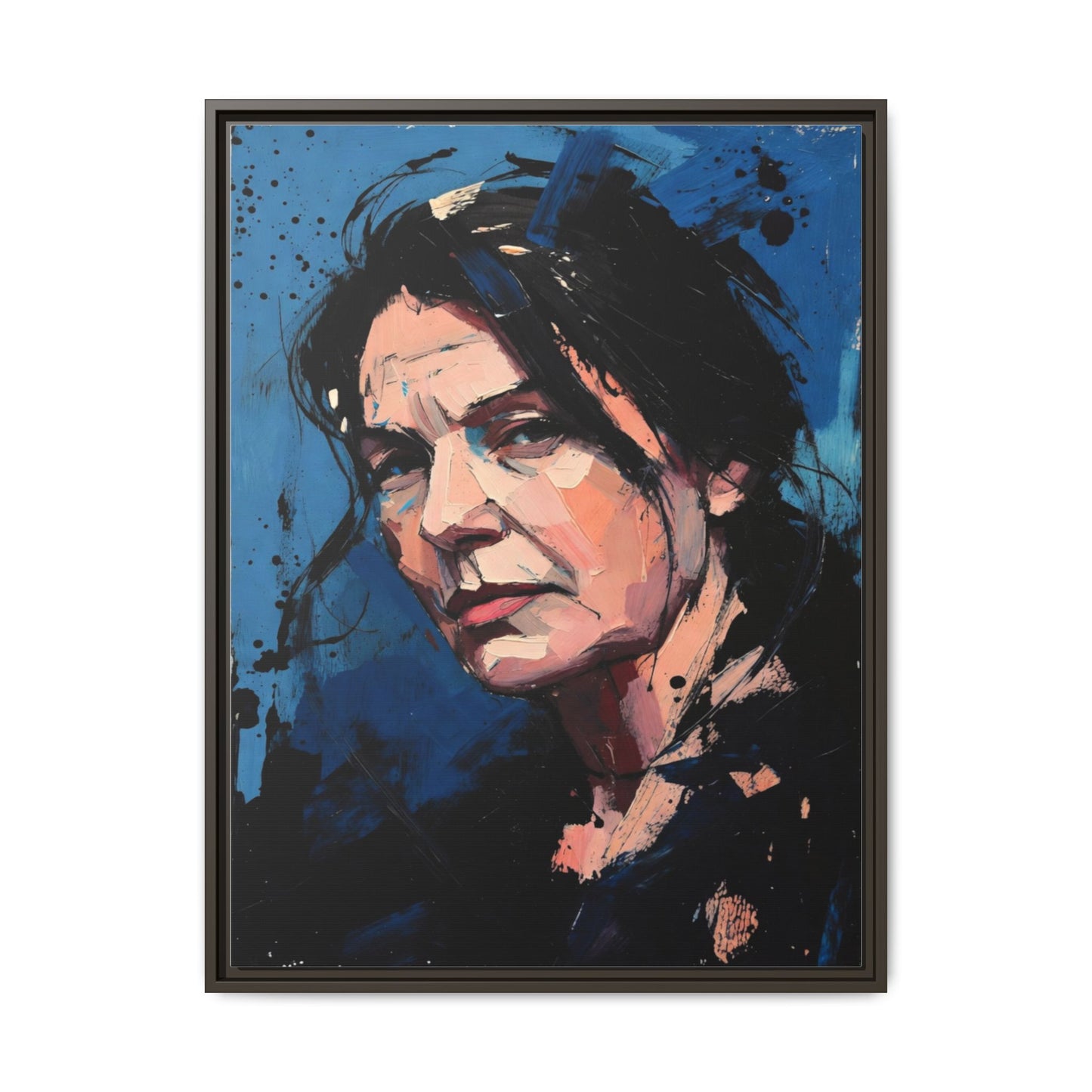 Framed Matte Canvas Portrait — Expressive Blue Painterly Woman Art