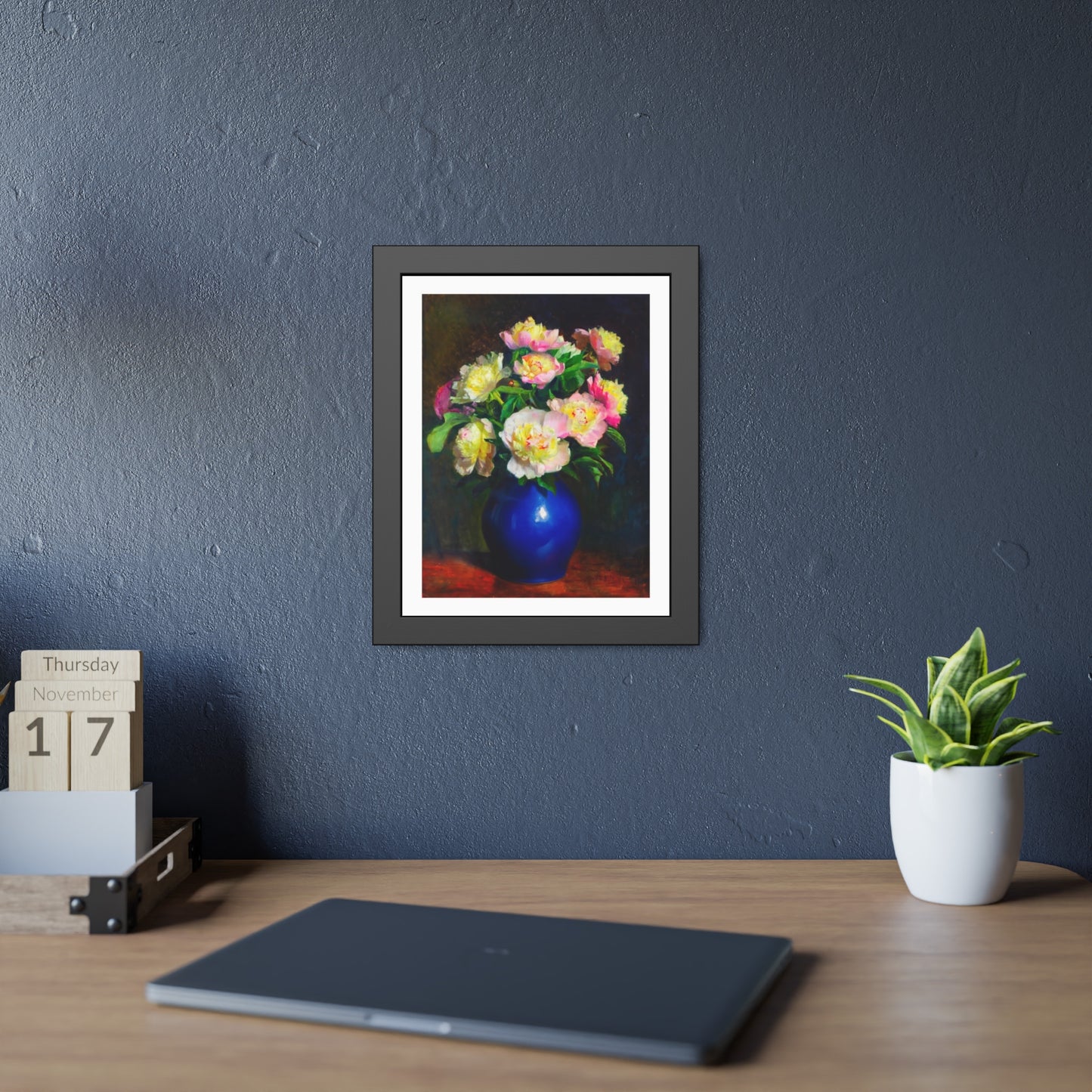 Framed Floral Poster — Pink Peonies in Blue Vase Wall Art