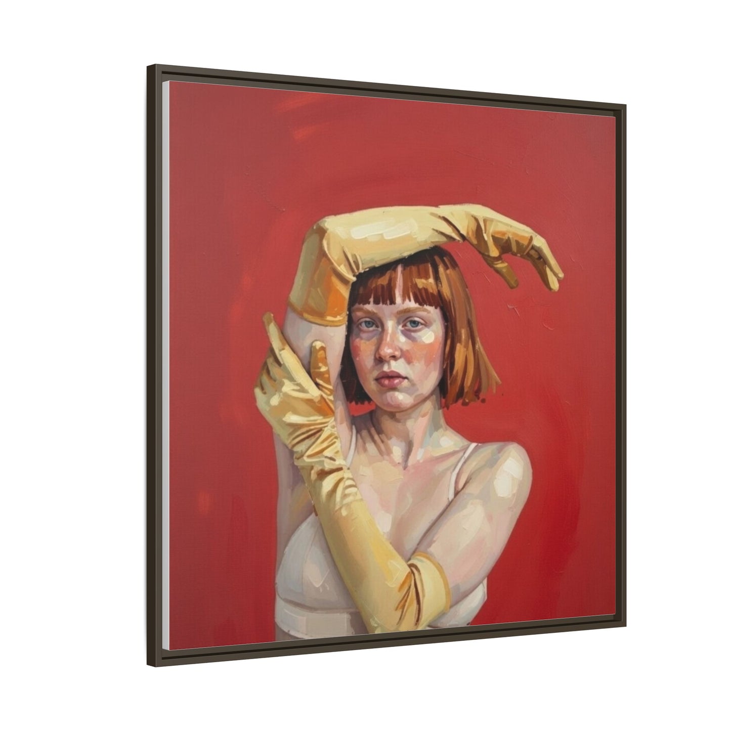 Framed Matte Canvas Art - Portrait of Woman in Yellow Gloves (Red Background)