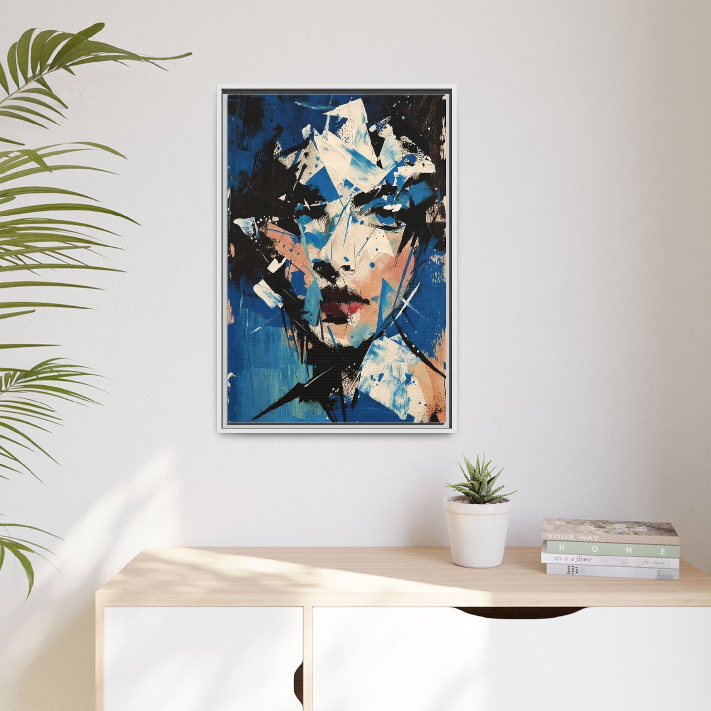 Abstract Portrait Matte Canvas Framed Wall Art — Blue Mixed-Media Face Print