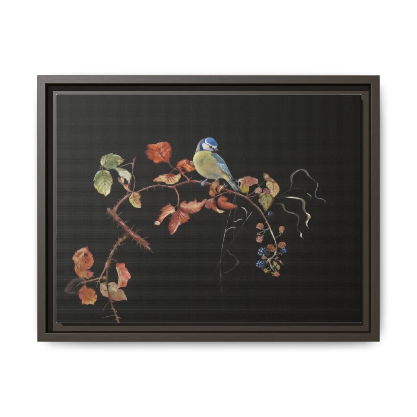 Framed Matte Canvas - Blue Tit on Autumn Branch Wall Art