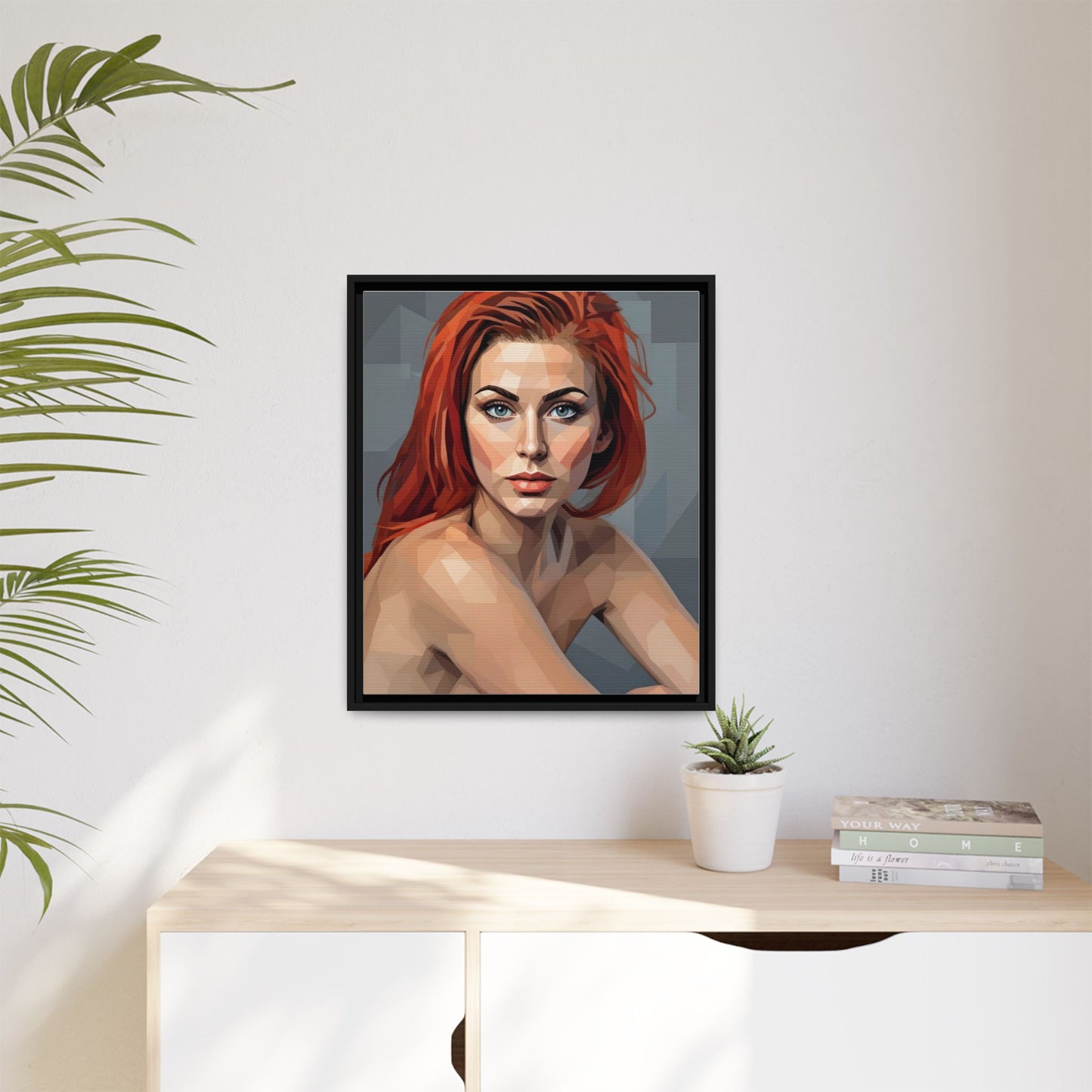 Framed Matte Canvas Portrait — Geometric Redhead Wall Art