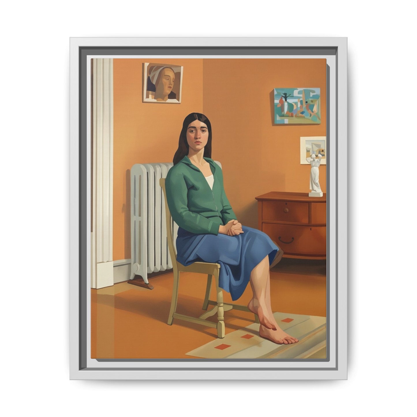 Framed Matte Canvas Print — Woman Seated in Warm Interior (Midcentury Portrait)