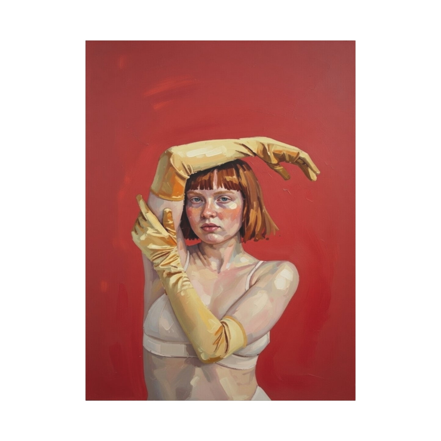 Figurative Portrait Canvas — Woman with Yellow Gloves on Red Background