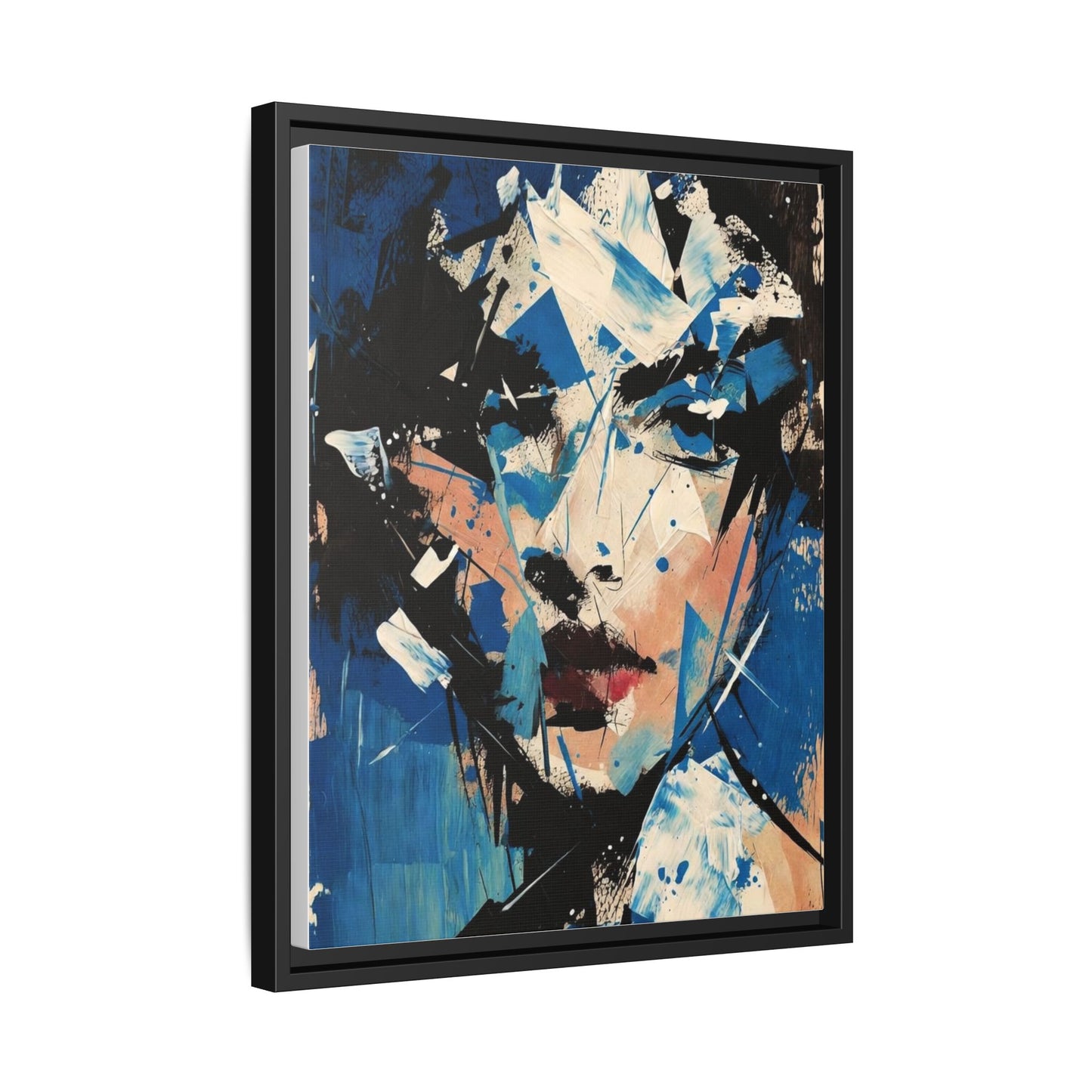 Abstract Portrait Matte Canvas Framed Wall Art — Blue Mixed-Media Face Print