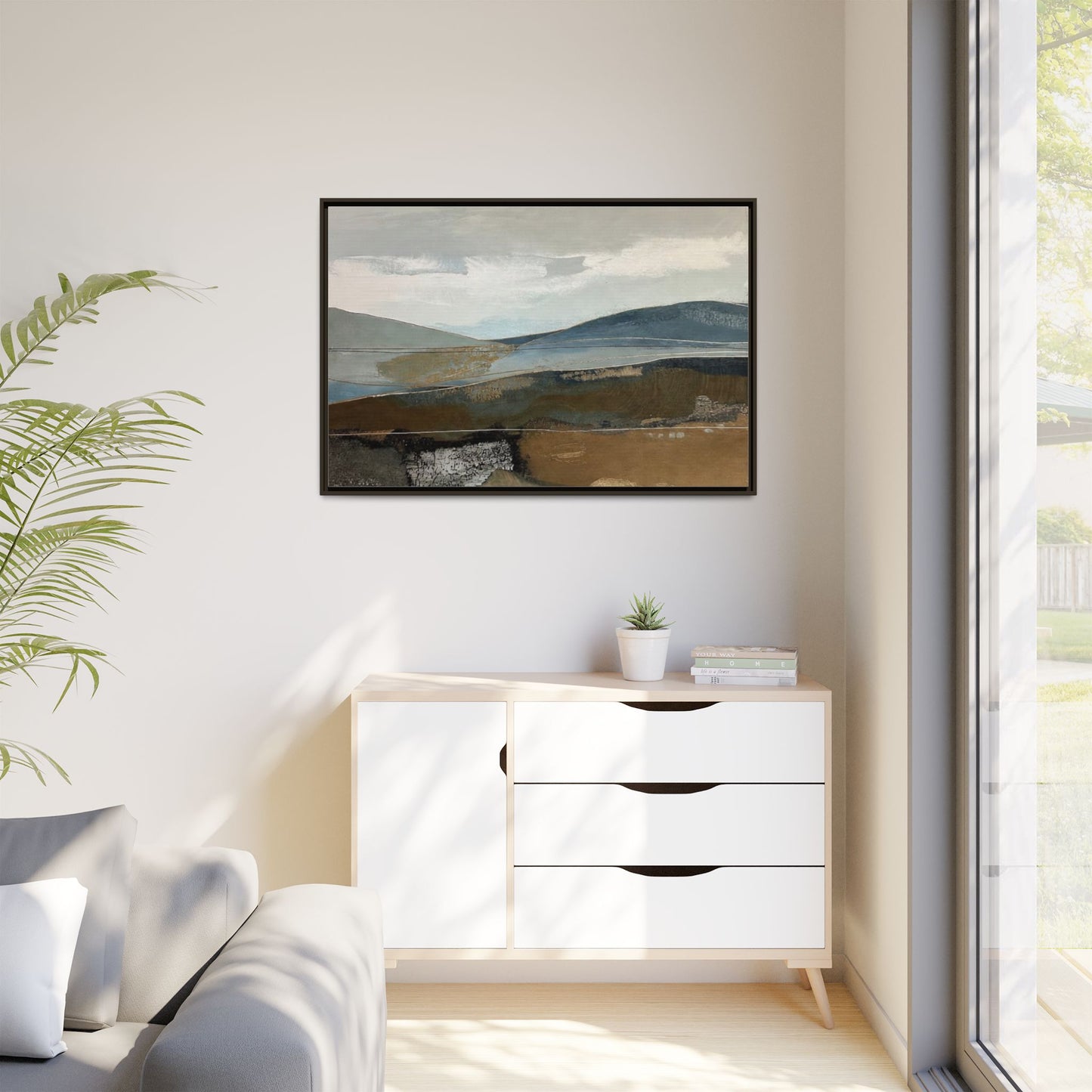 Framed Matte Canvas Landscape Art - Serene Abstract Hills in Blue & Earth Tones