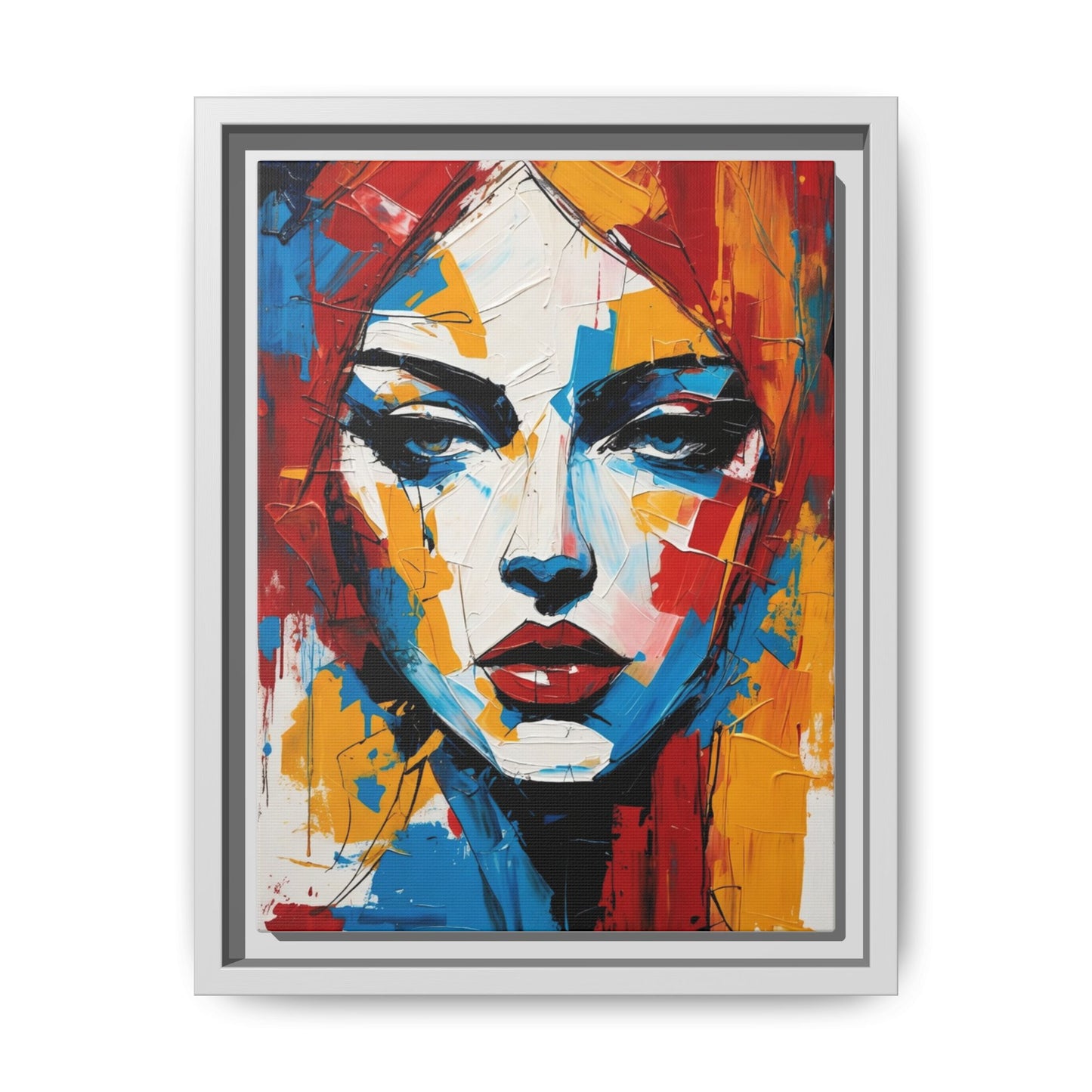 Framed Abstract Portrait Canvas — Colorful Female Face Wall Art