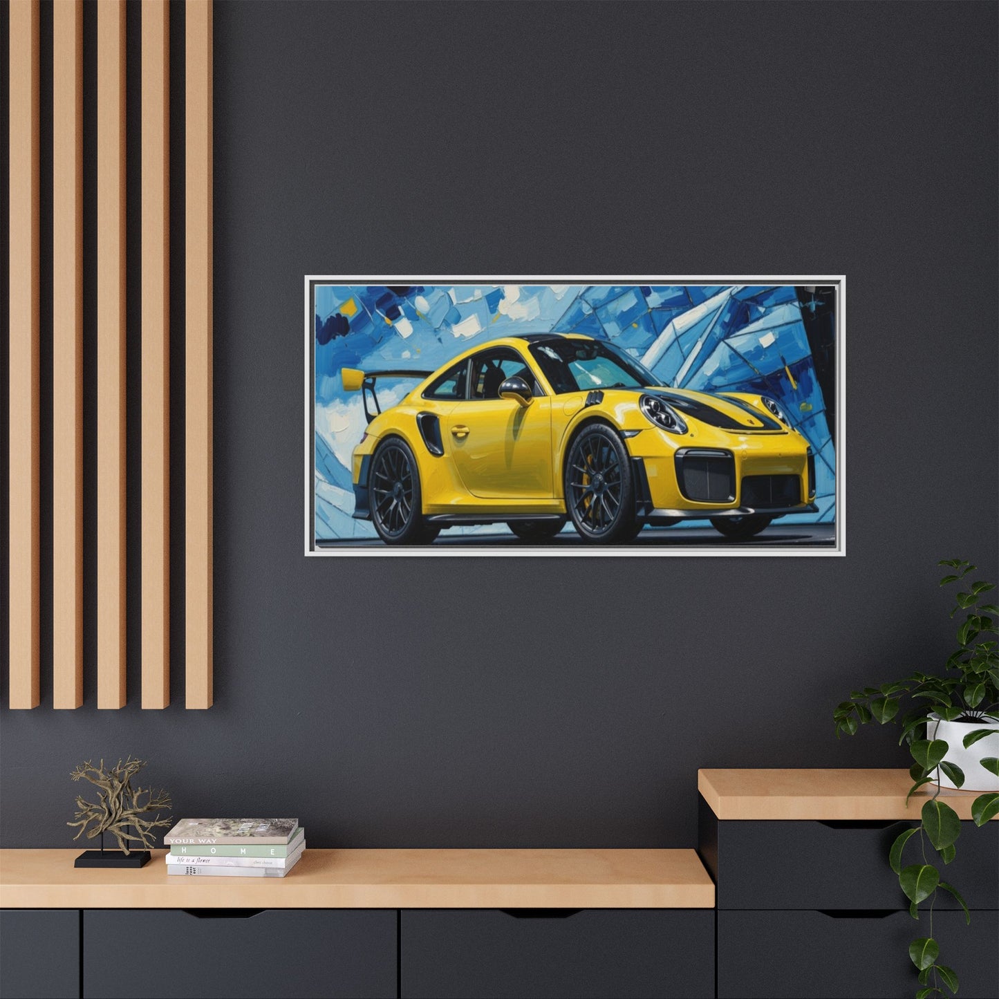 Yellow Porsche Sports Car Matte Framed Canvas – Modern Automotive Wall Art