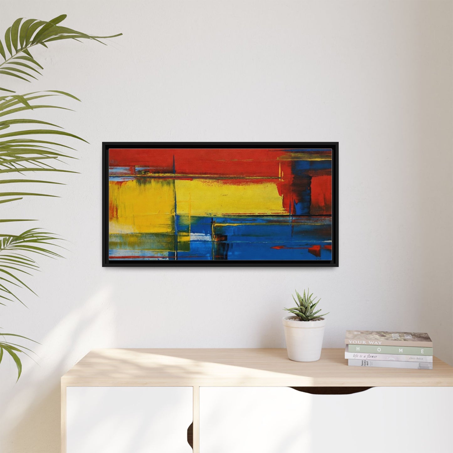 Abstract Color Block Matte Canvas Framed Wall Art — Modern Red Yellow Blue Painting