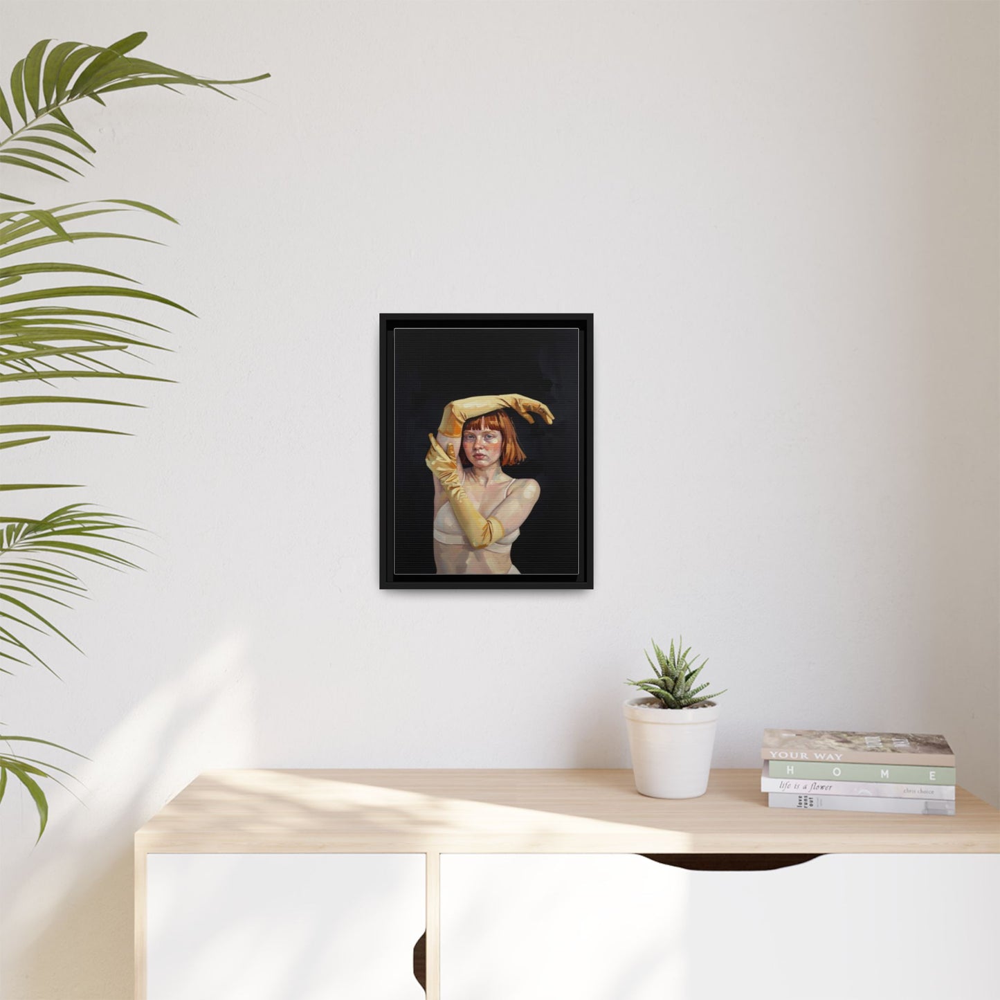Framed Matte Canvas Art – Portrait of Woman in Yellow Gloves