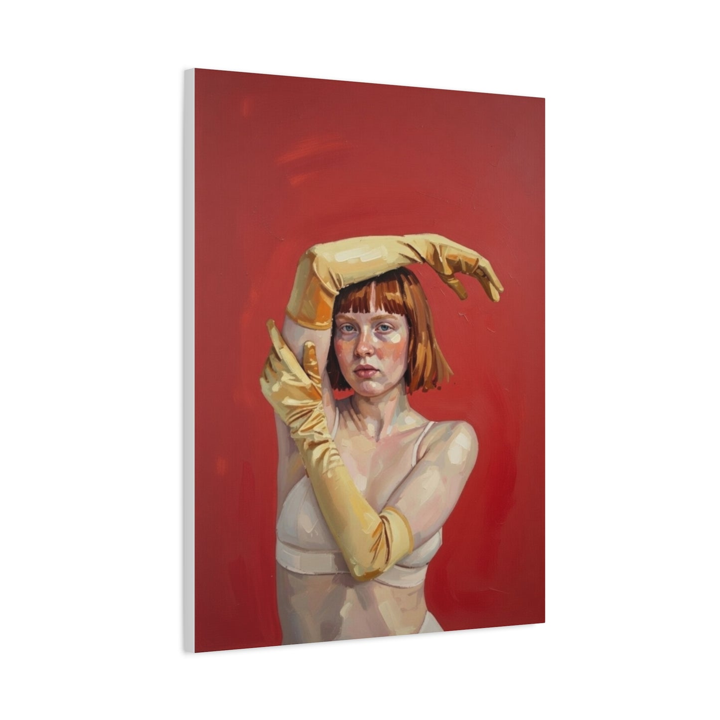 Figurative Portrait Canvas — Woman with Yellow Gloves on Red Background