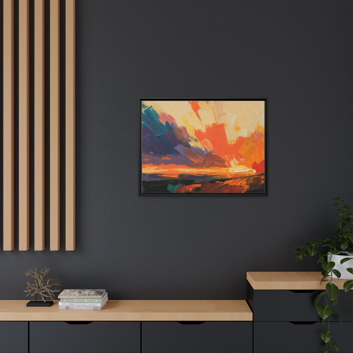 Framed Abstract Sunset Canvas Art – Multicolor Matte Wall Decor