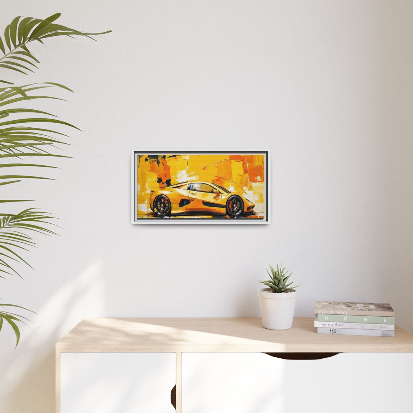 Yellow Sports Car Abstract Matte Canvas Framed Print