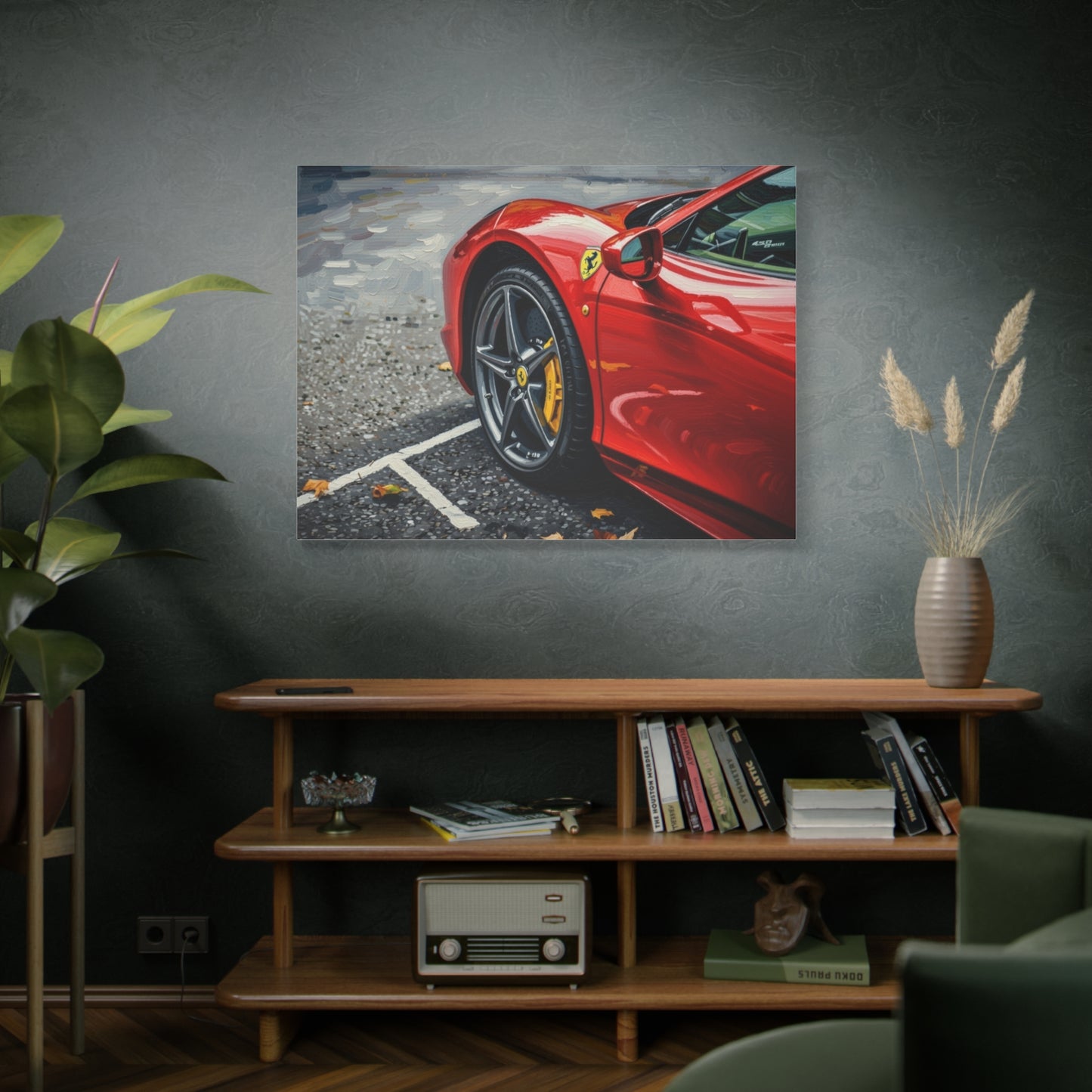 Red Sports Car Canvas Print — Ferrari Wheel Close-Up Matte Stretched Wall Art