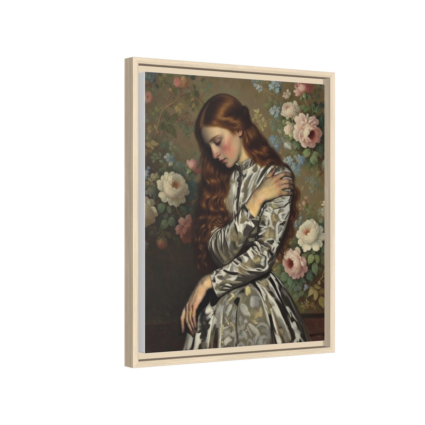 Framed Matte Canvas Art — Vintage Floral Portrait of a Young Woman