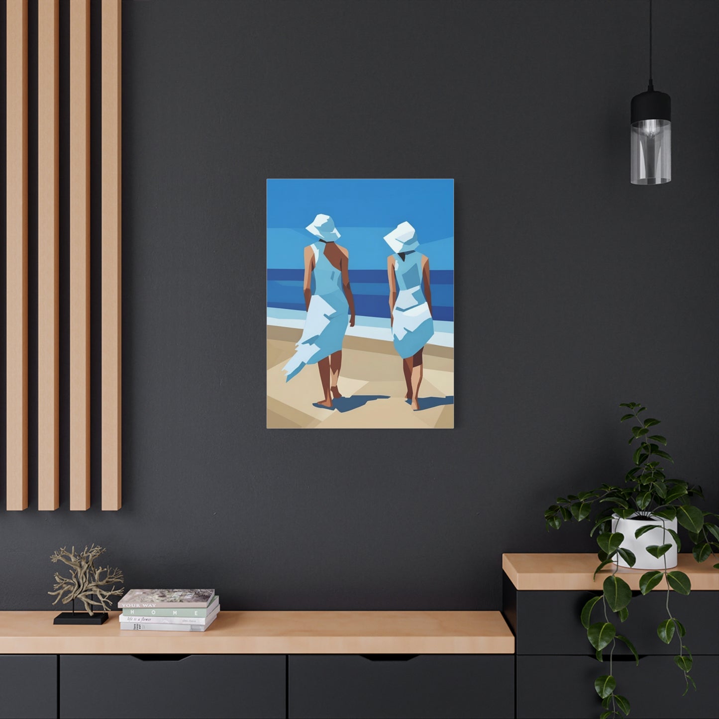 Beach Stroll Canvas Print — Two Women in Blue Sun Hats Matte Stretched