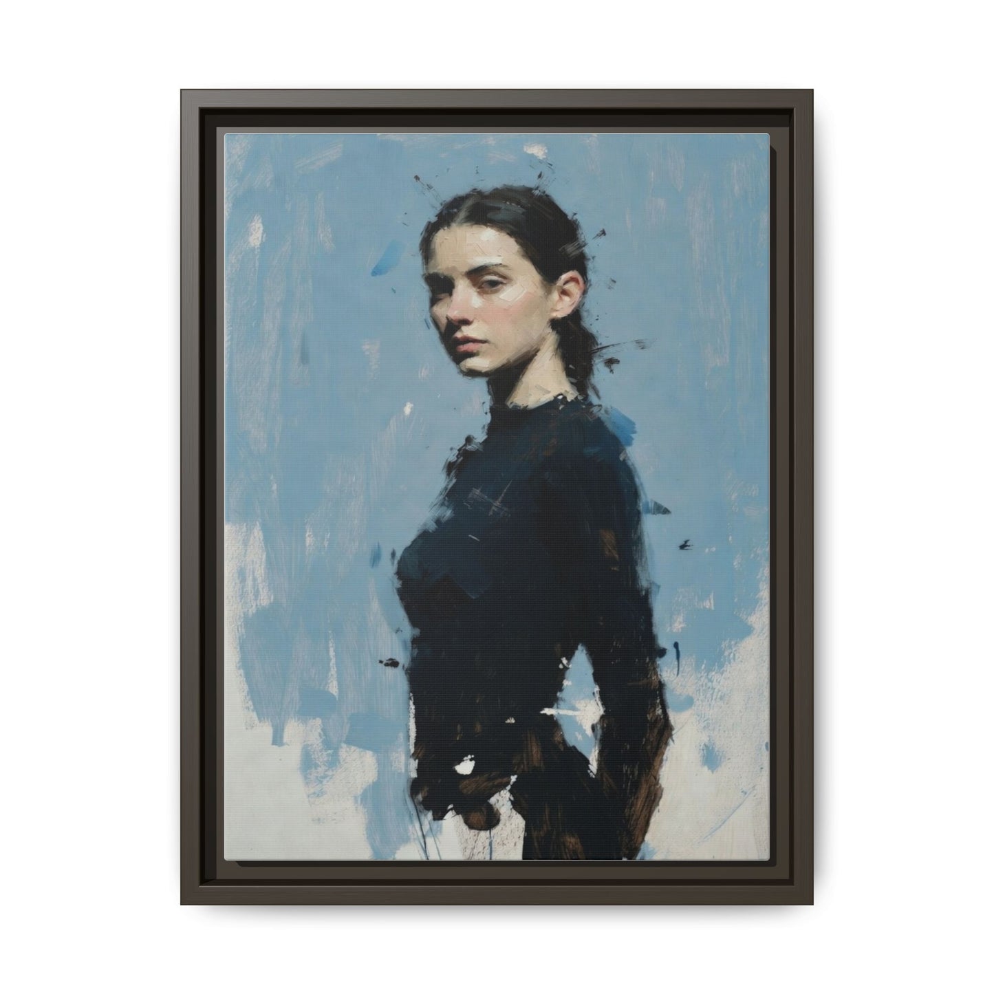 Framed Matte Canvas Portrait Print — Elegant Blue Woman Art