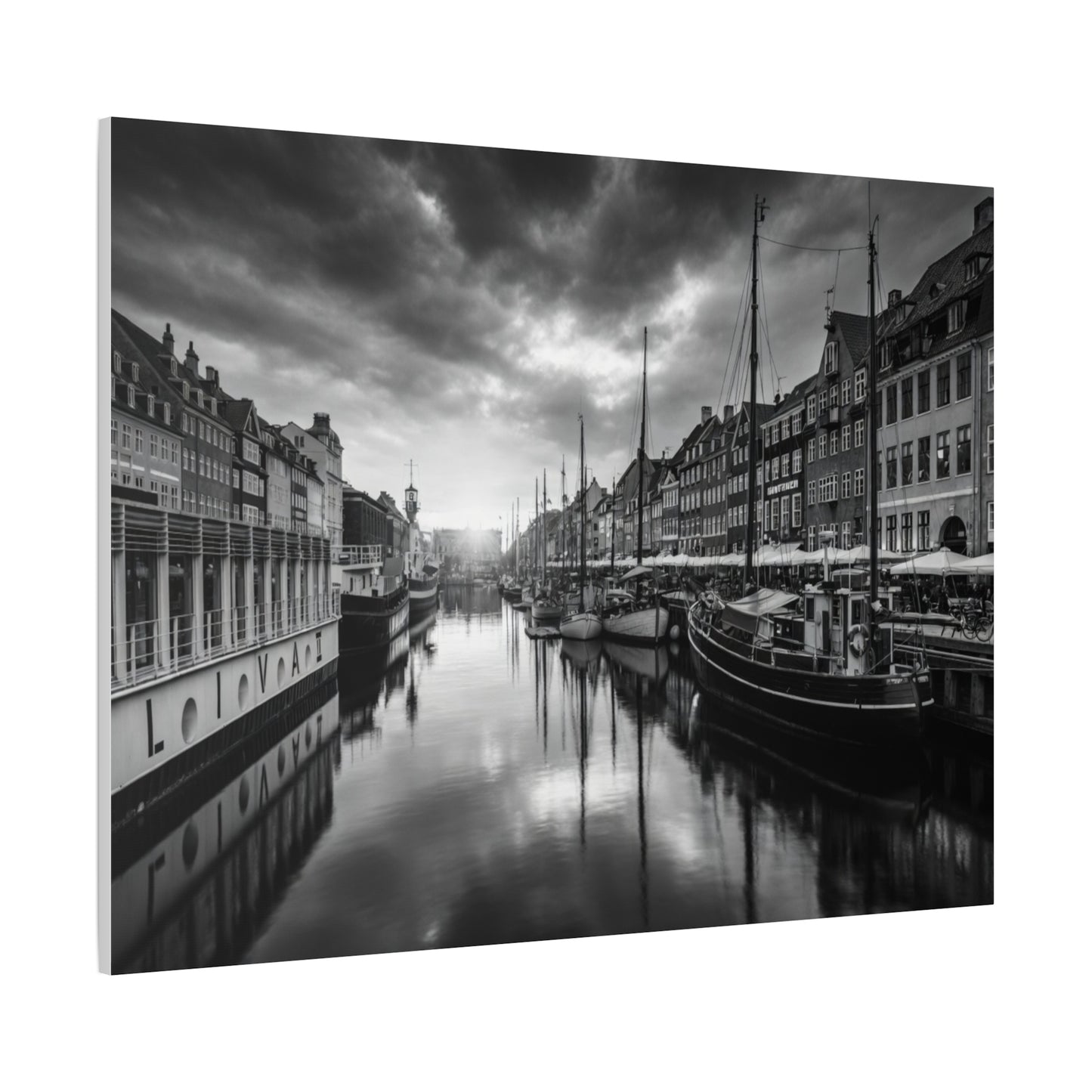 Black & White Harbor Canvas Print — Dramatic Copenhagen Cityscape Wall Art